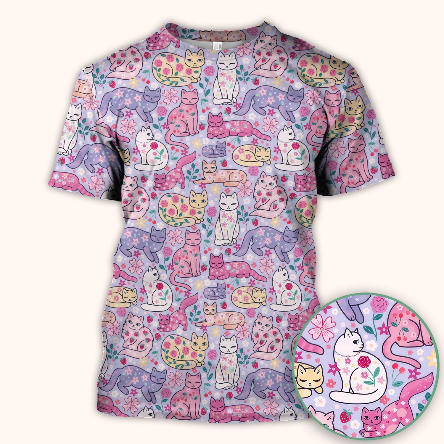 Funny Colorful Pastel Cats Floral Strawberry Print Scrub Top, Breathable Fabrics Nursing Uniform
