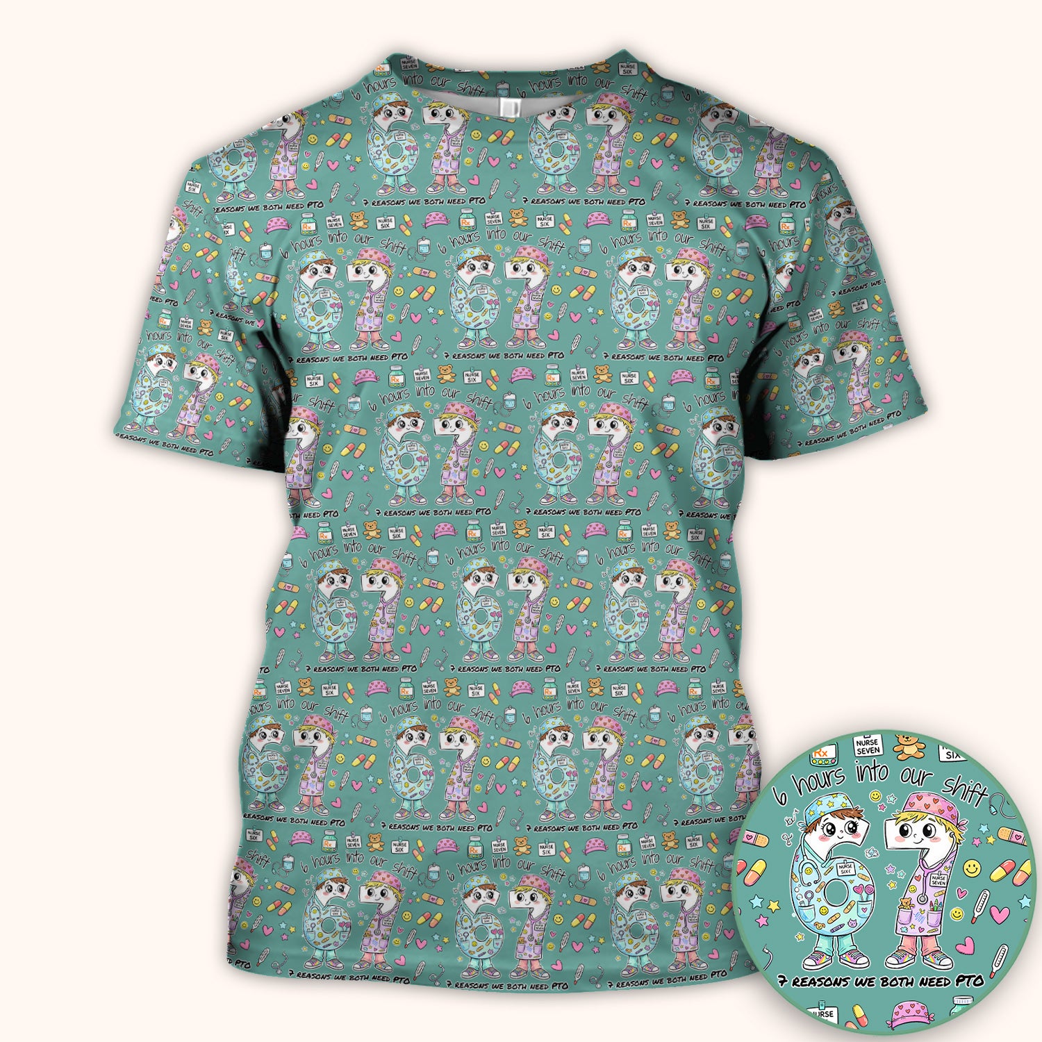 Cartoon Characters Six Hours Into Shift With Medical Doodle Scrub Top, Breathable Fabrics Nursing Uniform