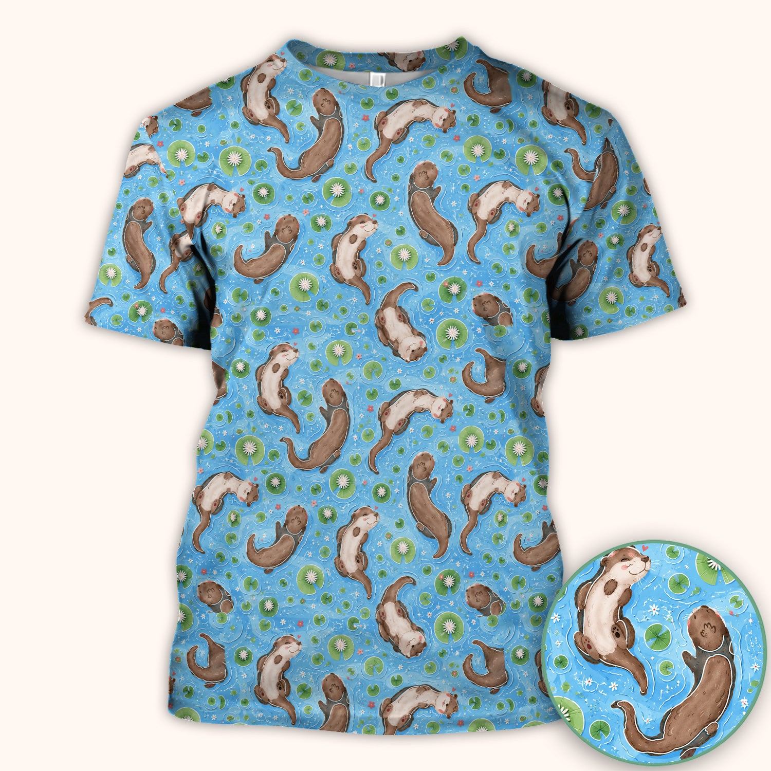 Cute Otter Lily Pond Nurse Print Scrub Top, Comfortable Scrubs for Nurses
