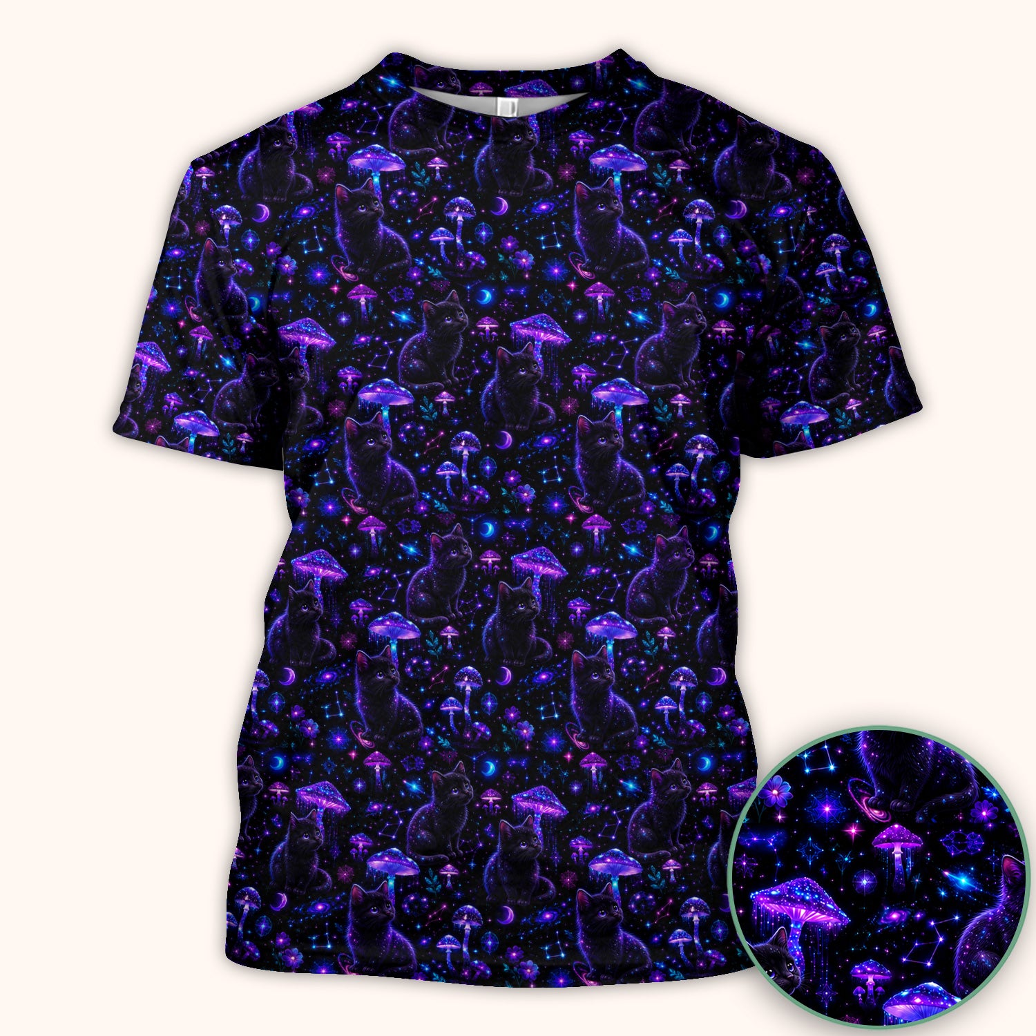 Mystical Black Cat Neon Mushroom Print Scrub Top, Comfortable Scrubs for Nurses