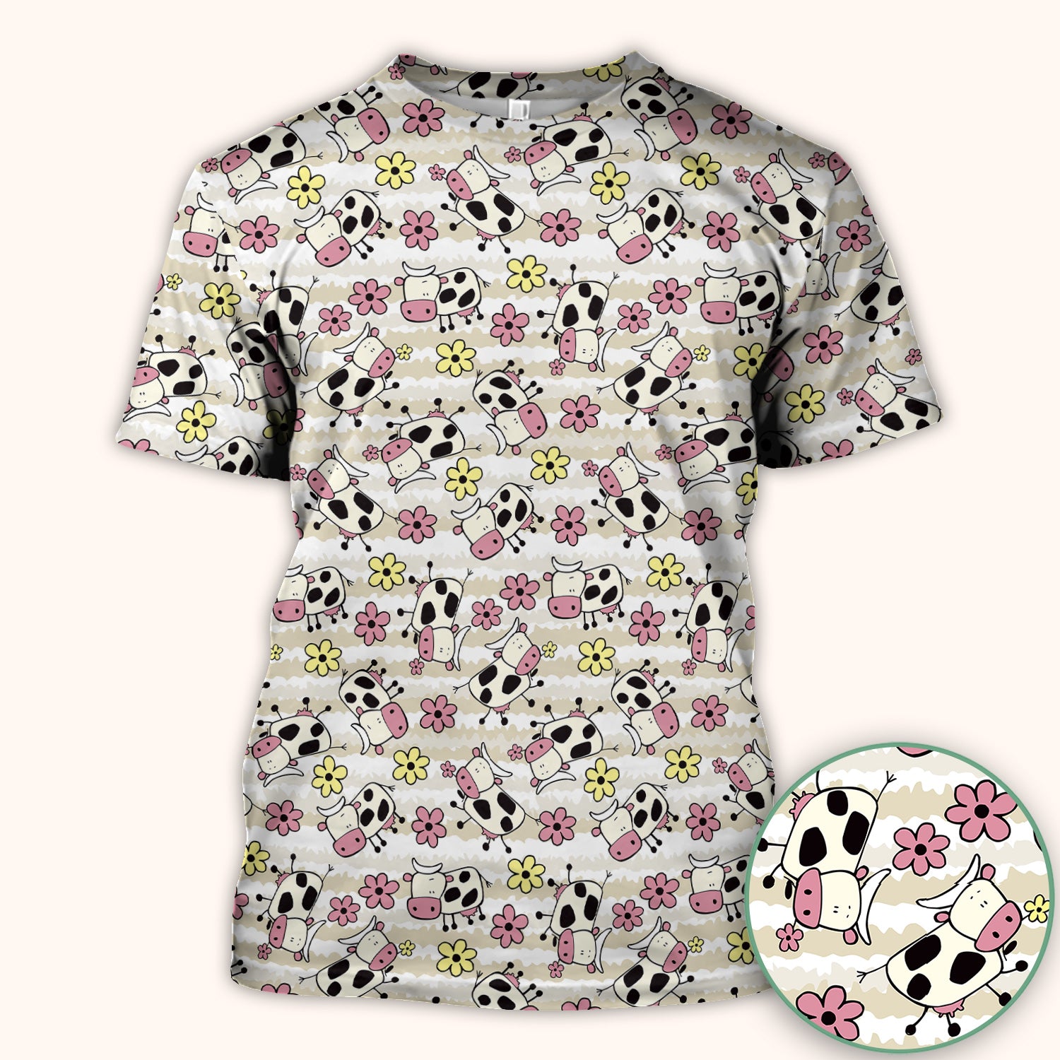 Cute Cartoon Cow Flower Meadow Pattern Nurse Scrub Top, Comfortable Scrubs for Nurses