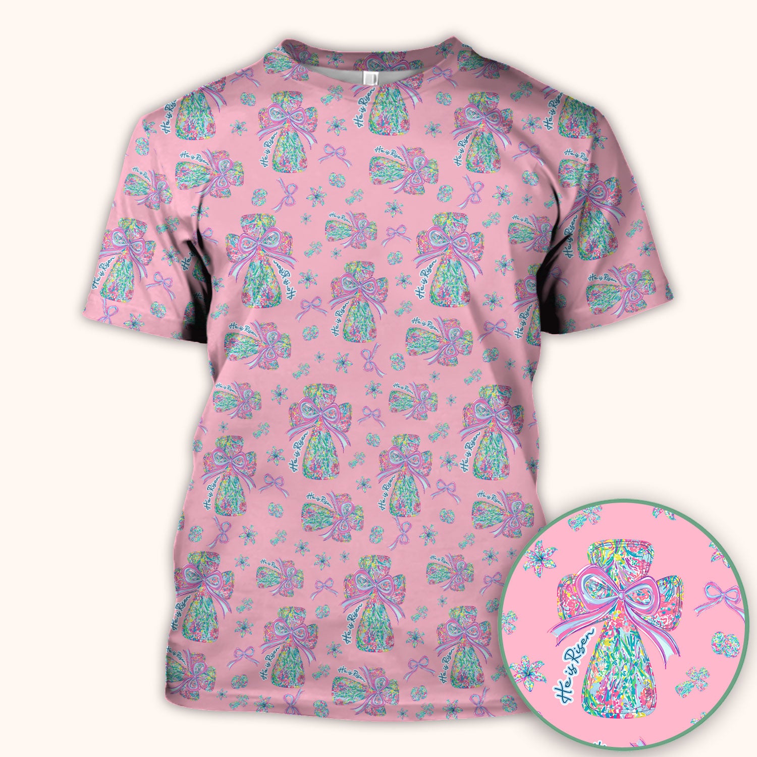 Colorful Bow Pattern Scrub Top, Breathable Fabrics Nursing Uniform