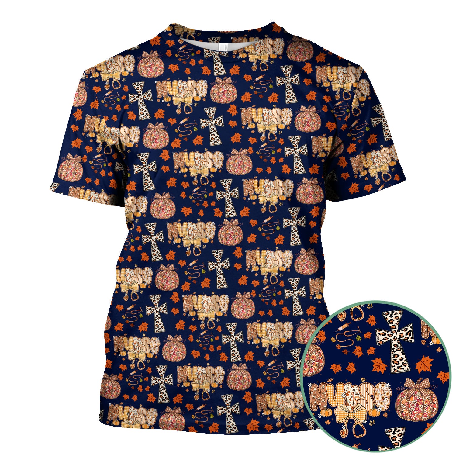 Floral Pumpkin Scrub Top for Women - Coquette Bow Thanksgiving Shirt - Comfortable Medical Uniform