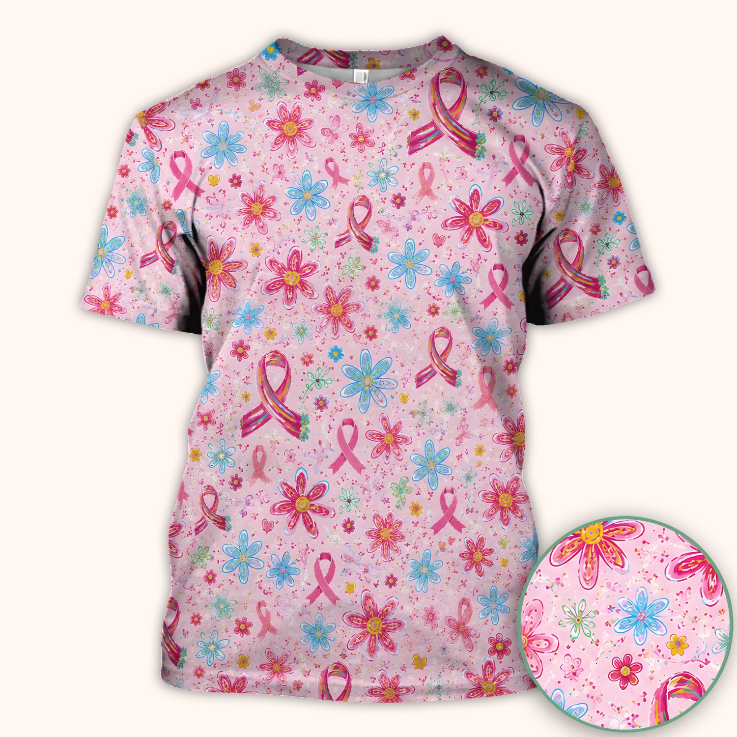 Floral Breast Cancer Awareness Print Scrub Top, Comfortable Scrubs for Nurses