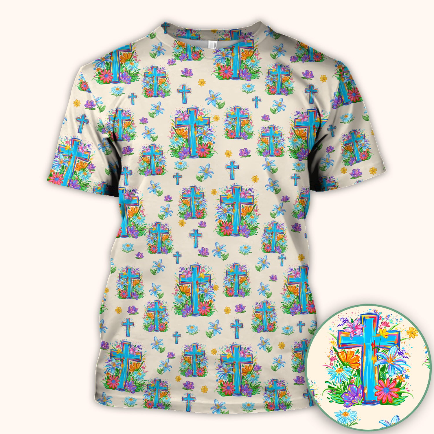 Christian Floral Cross Spring Pattern Scrub Top, Comfortable Scrubs for Nurses