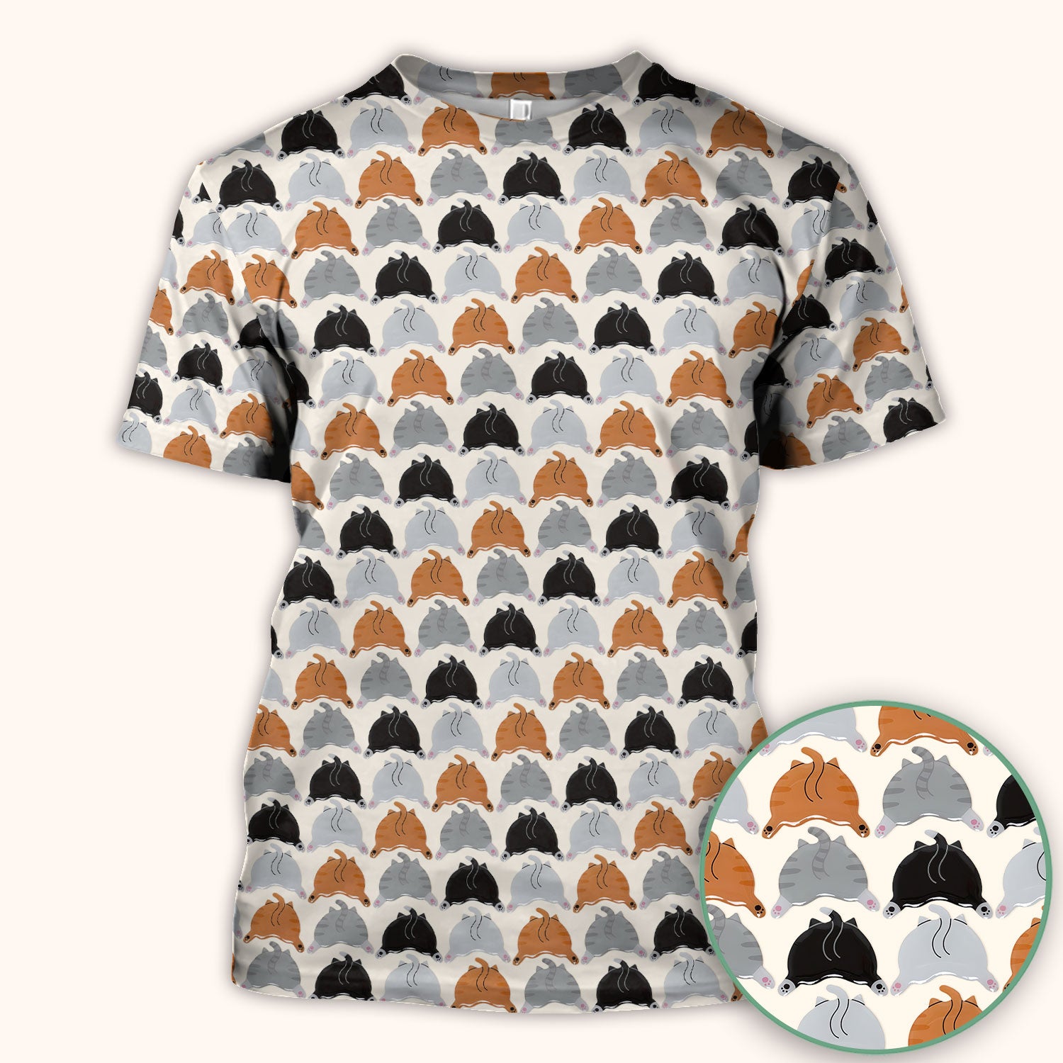 Playful Multicolor Cat Print Scrub Top, Breathable Fabrics Nursing Uniform