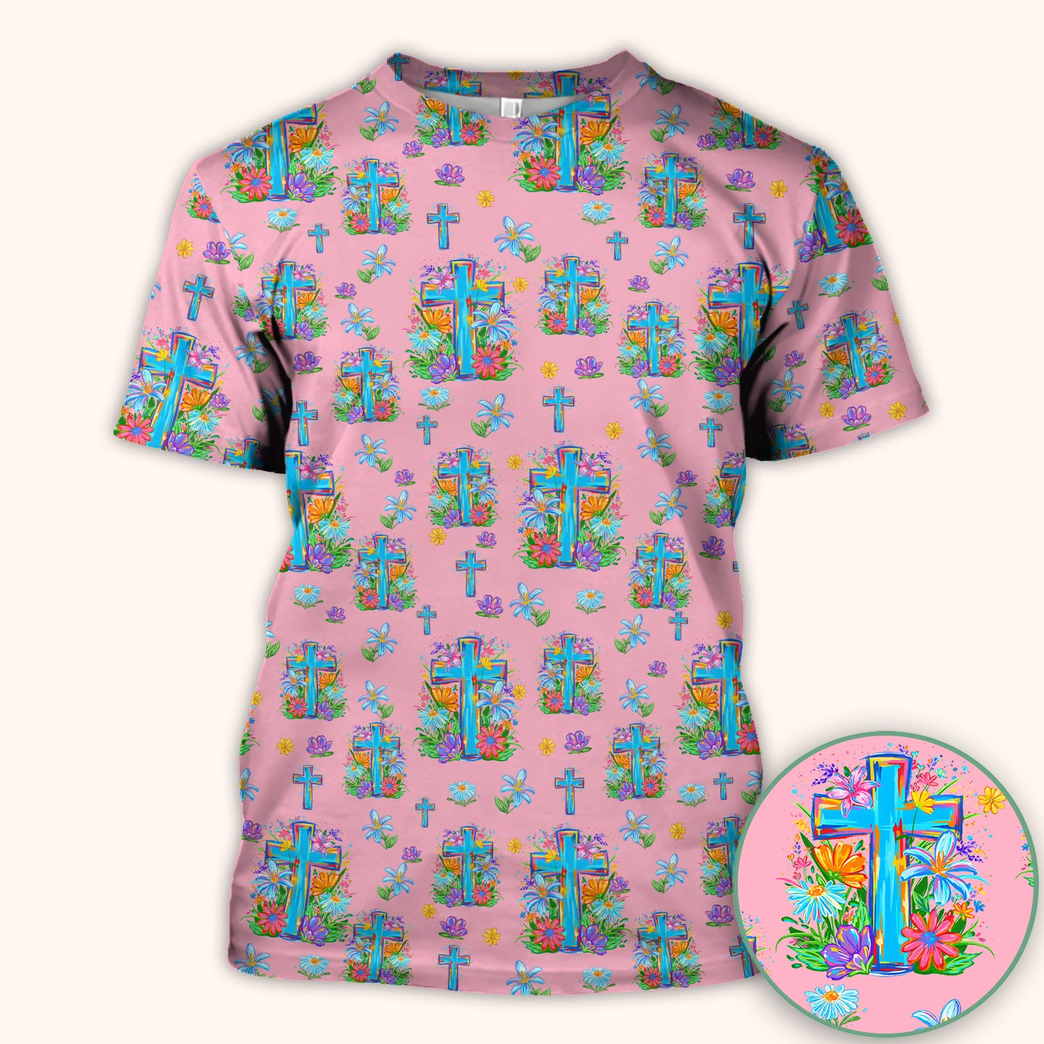 Christian Floral Cross Spring Pattern Scrub Top, Comfortable Scrubs for Nurses