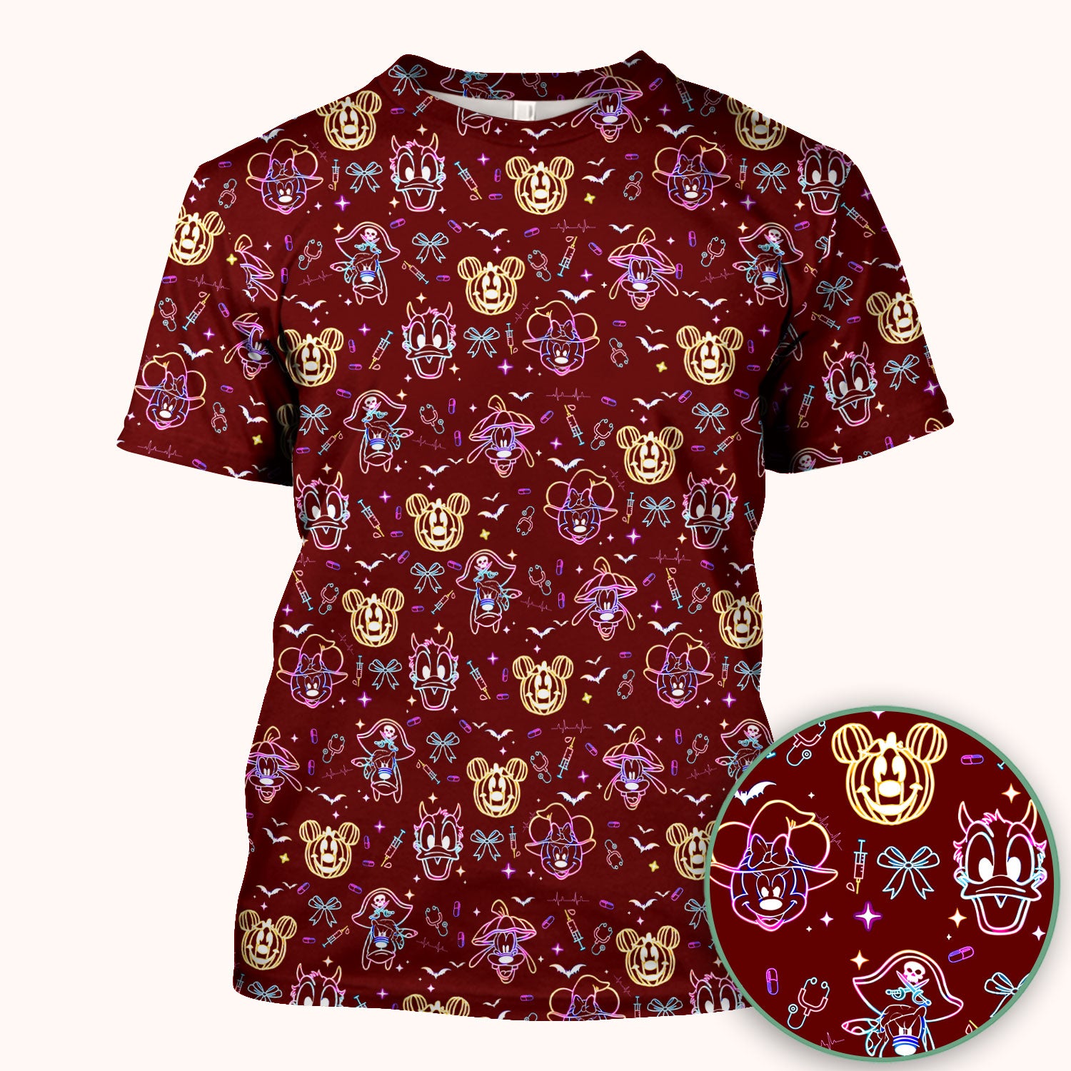 Neon Mouse Halloween Scrub Top for Nurses - Spooky Faces and Scary Pumpkin Shirt - Funny Med Uniform Gift for Women