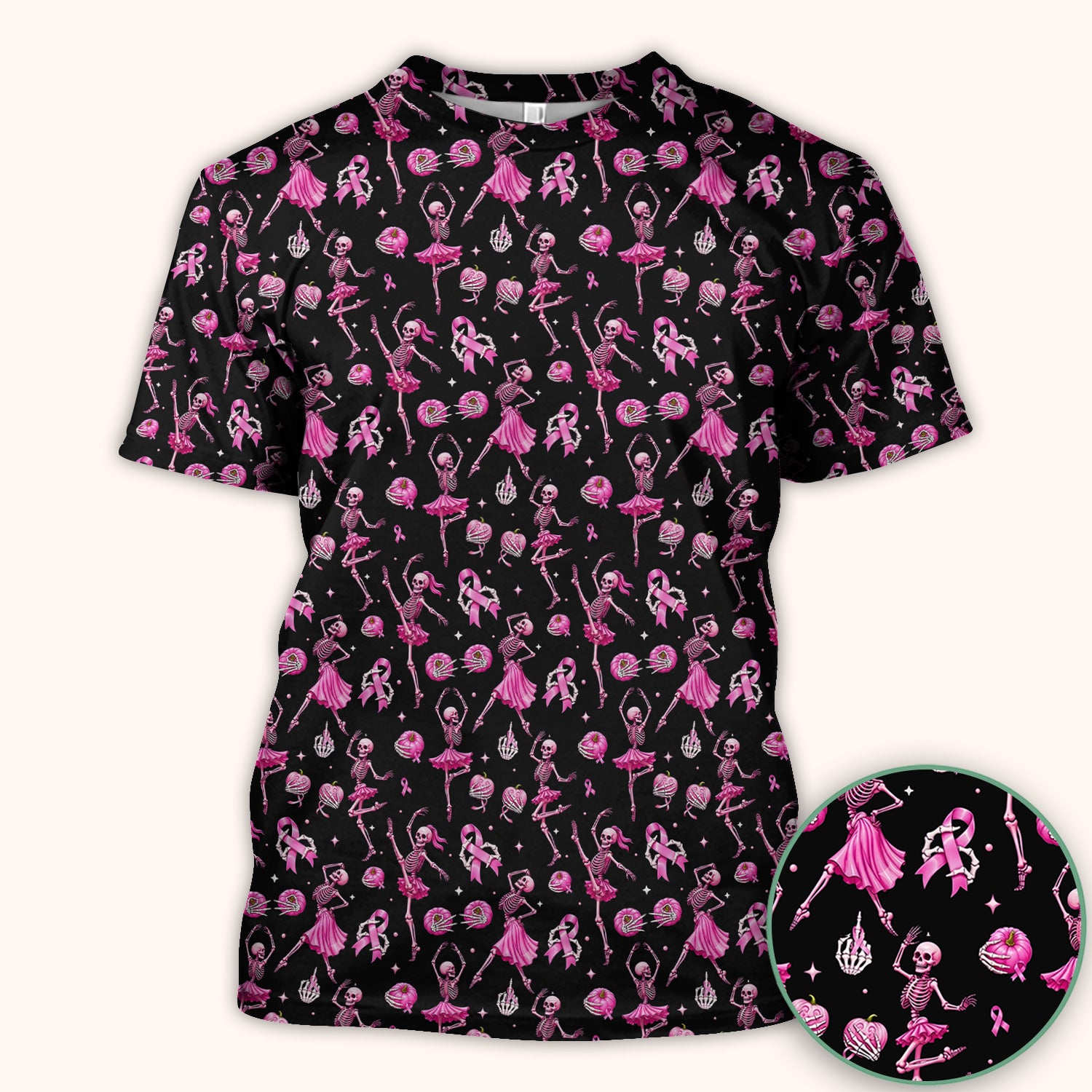 Pink Ribbon Skeleton Ballerina Print Scrub Top, Comfortable Scrubs for Nurses