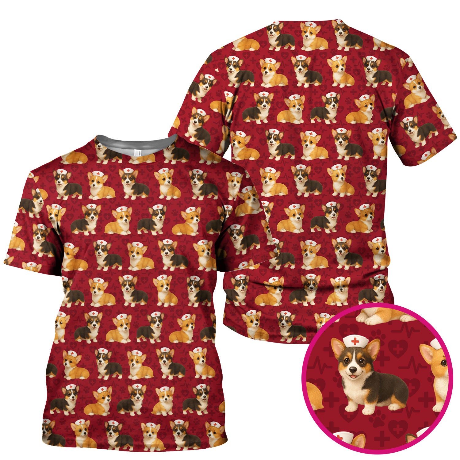 Christmas Corgi Scrubs for Women - Cute Dog Pattern Medical Scrub Top - Festive Holiday Christmas Scrubs with Adorable Corgi Design