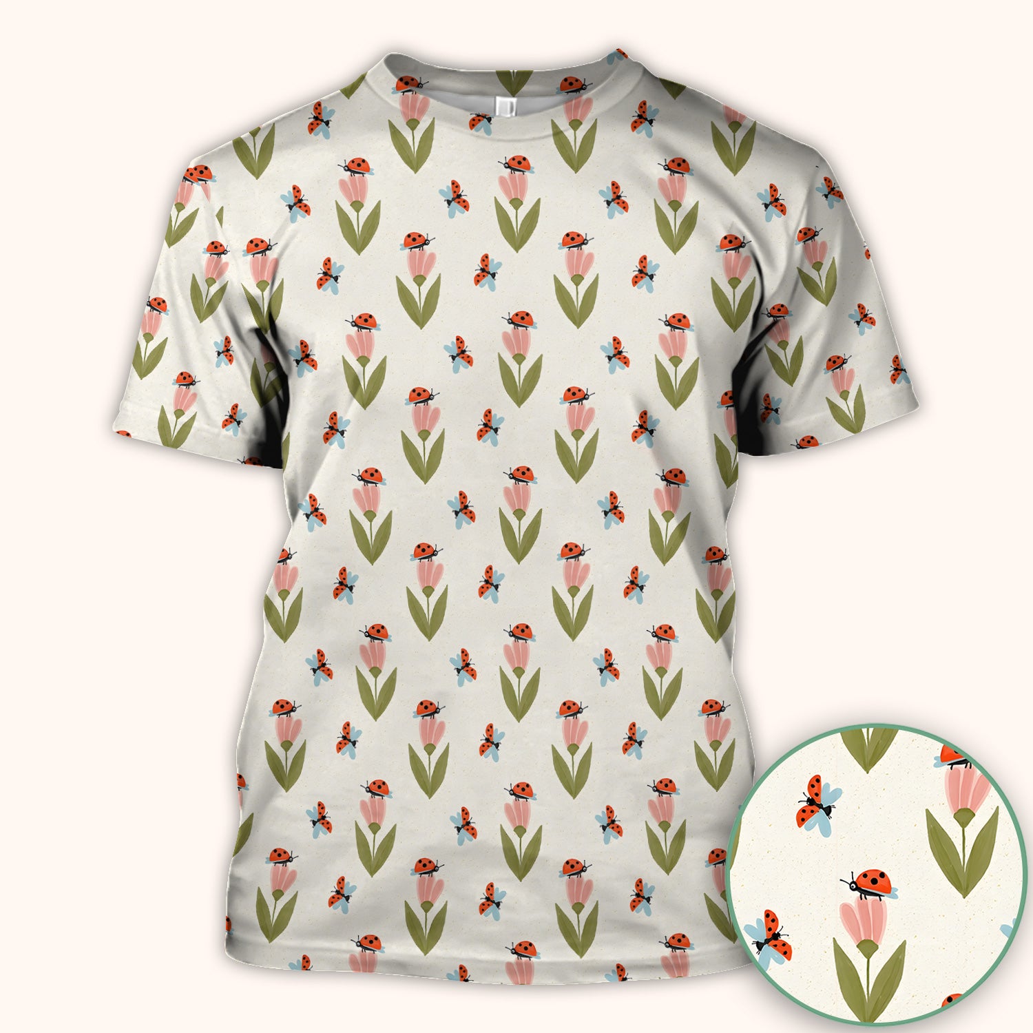 Cute Ladybug Tulip Floral Pattern Scrub Top, Comfortable Scrubs for Nurses