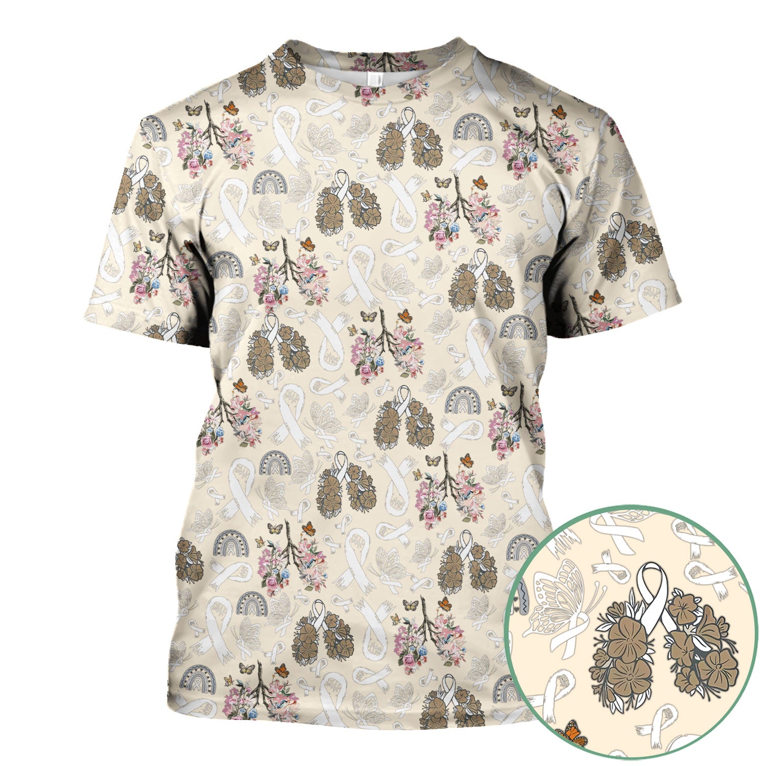 Lung Cancer Awareness Scrub Top for Women - White Ribbon Butterfly Floral Medical Uniform - Comfortable Scrubs for Nurses