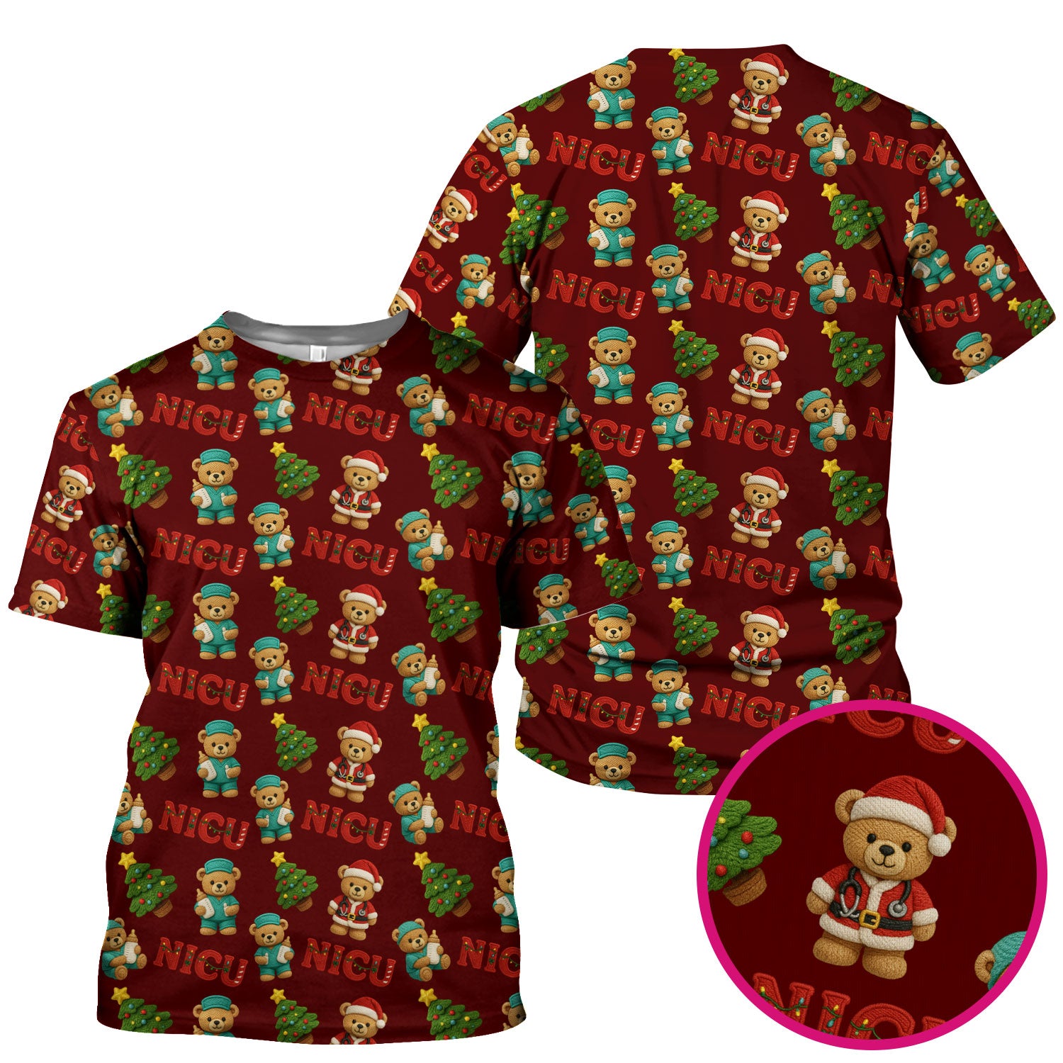 Festive Christmas NICU Nurse Teddy Bear Pattern, Breathable Fabrics Nursing Uniform