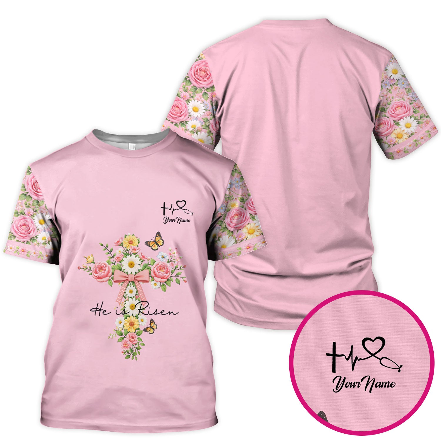 Personalized Meaningful Easter Nurse He Is Risen Floral Cross Bow Pattern Scrub Top, Comfortable Scrubs for Nurses
