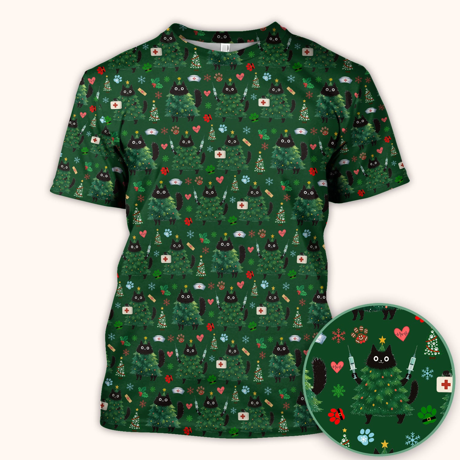 Christmas Nurse Scrub Top, Xmas Black Cat Pattern Nurse Shirt,  Breathable Fabrics Nursing Uniform