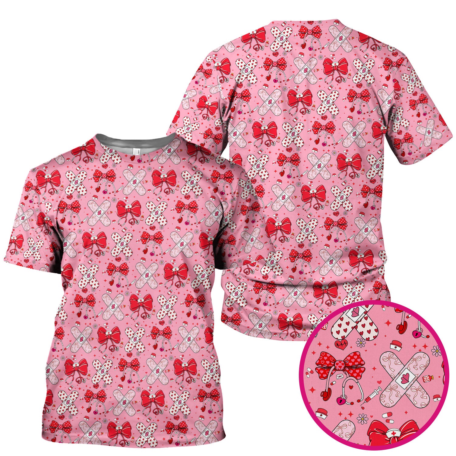 Valentine Nurse Scrub Top, Red Bow And Heart Bandage Pattern Medical Shirt, Breathable Fabrics Nursing Uniform