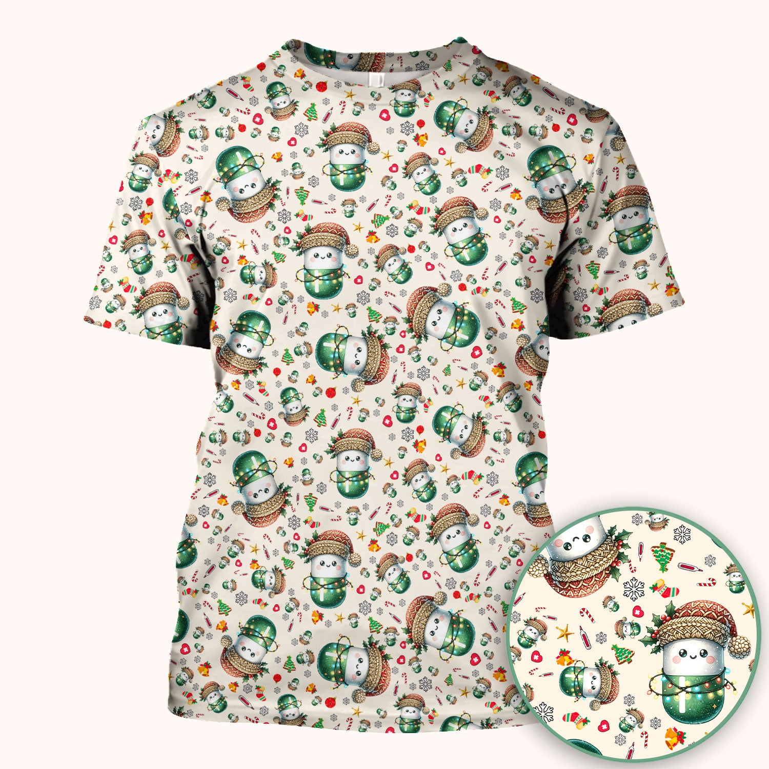 Pharmacy Tech Christmas Scrub Top – Cute Green Snowman Print Nurse Outfit – Funny Holiday Medical Uniform for Pharmacists