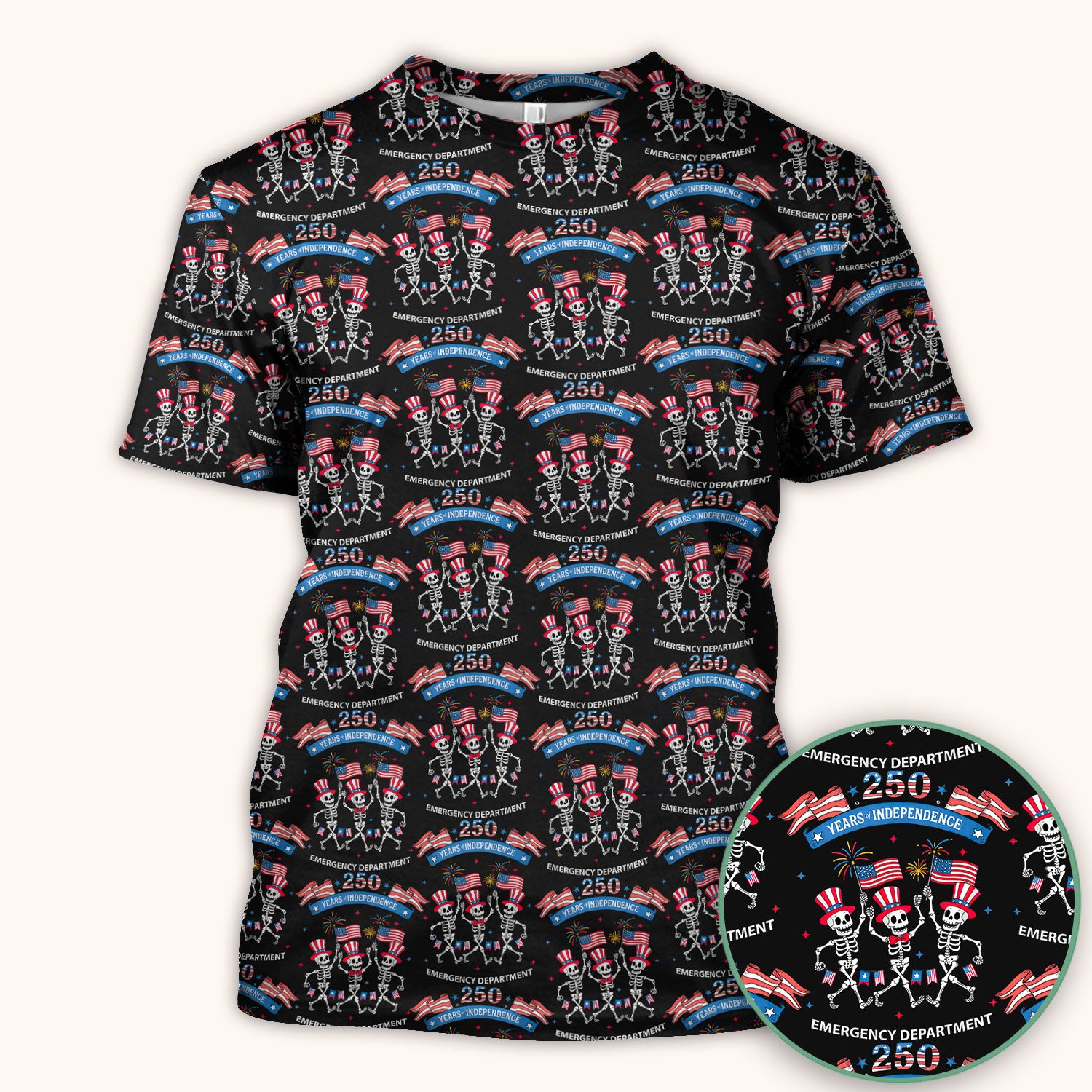 Patriotic Skeleton 250 Years ER Print Scrub Top, Breathable Fabrics Nursing Uniform