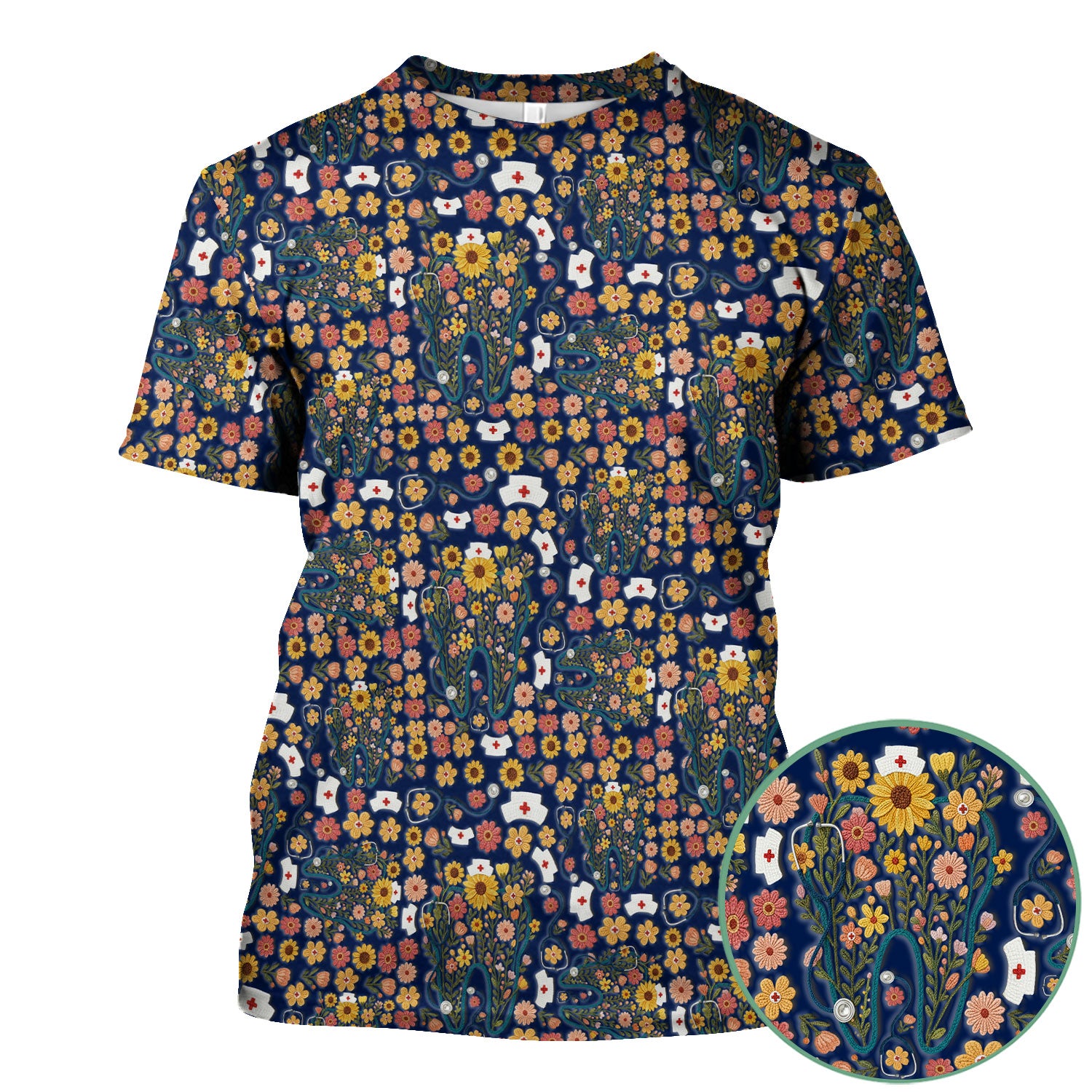 Boho Floral Tooth Scrub Top - Aesthetic Dental Scrubs for Women - Cute Flower Tooth Pattern Medical Uniform - Hygienist Christmas Gift