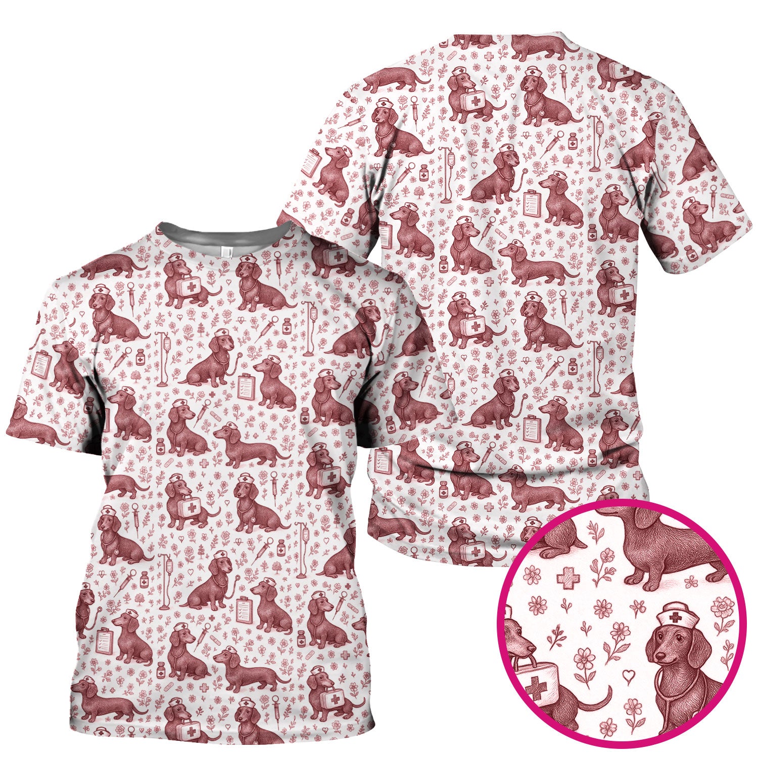 Dachshund Nurse Scrub Top - Cute Dog Pattern Scrubs for Women - Funny Medical Shirt with Vintage Line Art Design