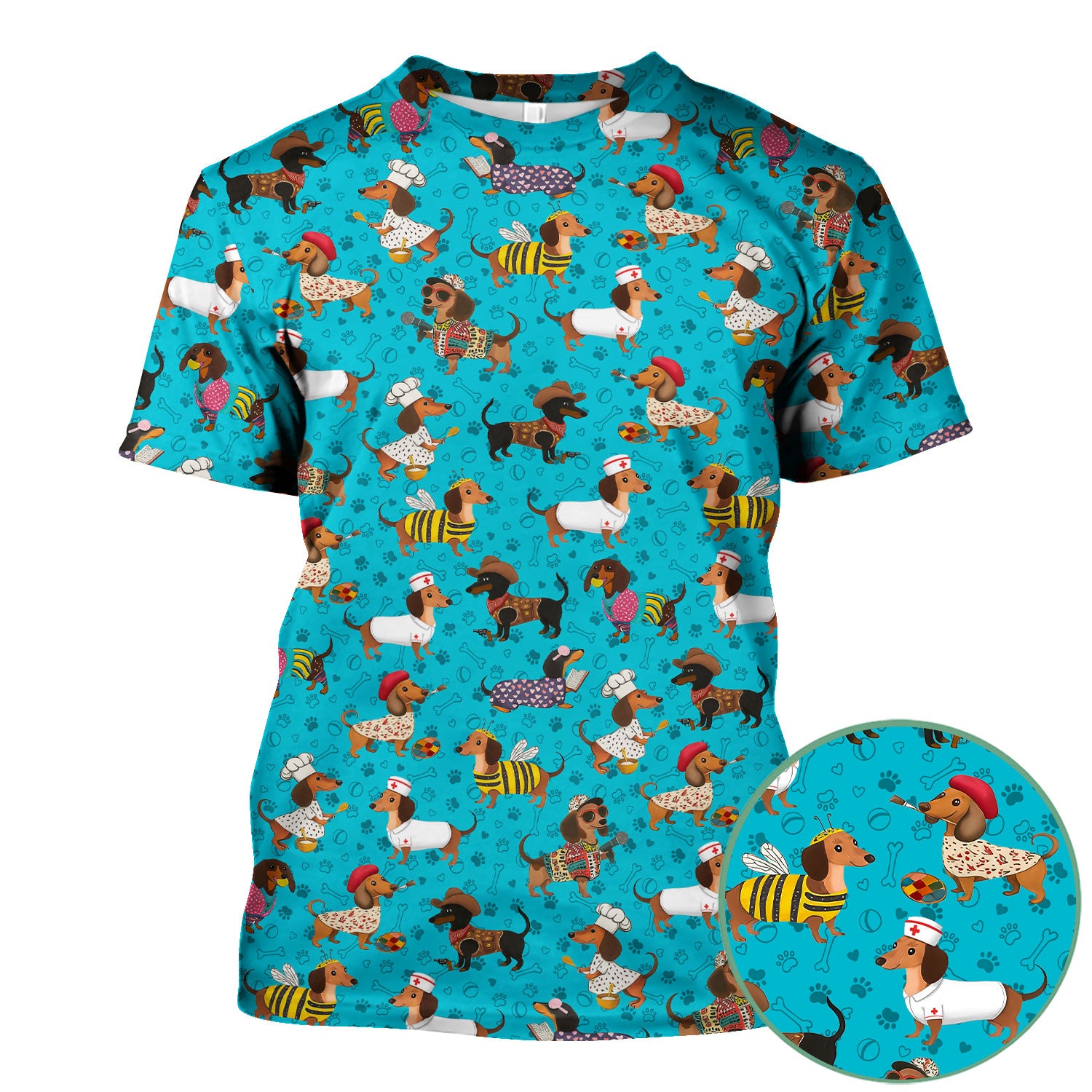 Funny Wiener Dog Nurse Scrub Top - Dachshund in Bee, Chef, Nurse Costumes - Cute Sausage Dog Medical Shirt for Women RN CNA LPN