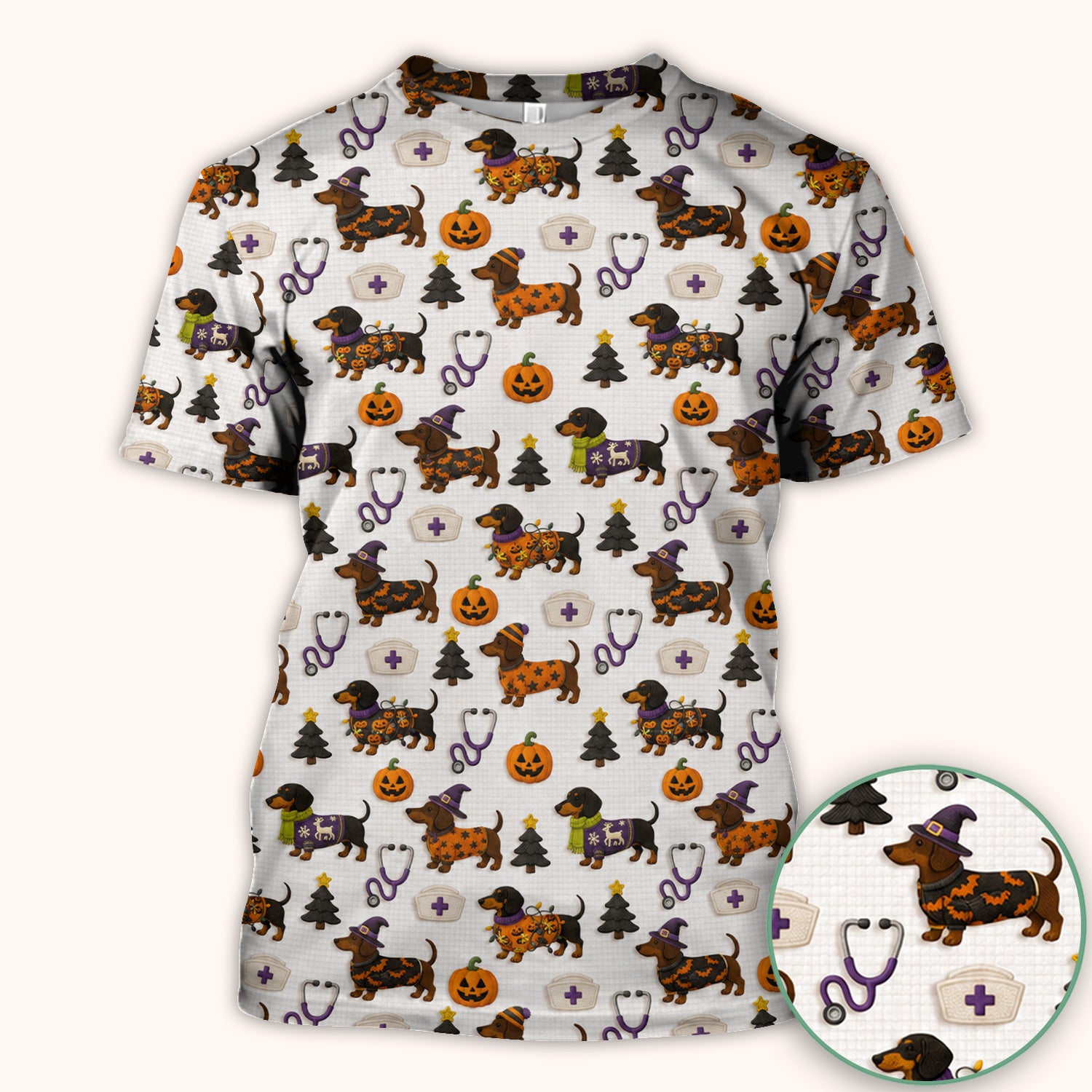 Halloween Dachshund with Pumpkin Stethoscope Print Scrub Top, Comfortable Scrubs for Nurses
