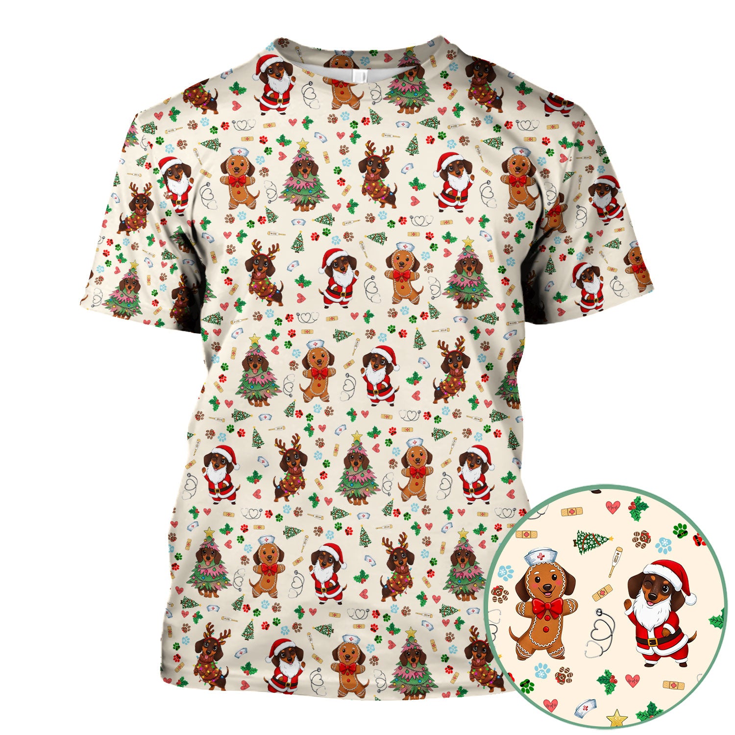 Wiener Dog Christmas Scrub Top – Funny Dachshund Pattern Medical Shirt – Festive Holiday Uniform for RN, LPN, CNA, and Vet Techs