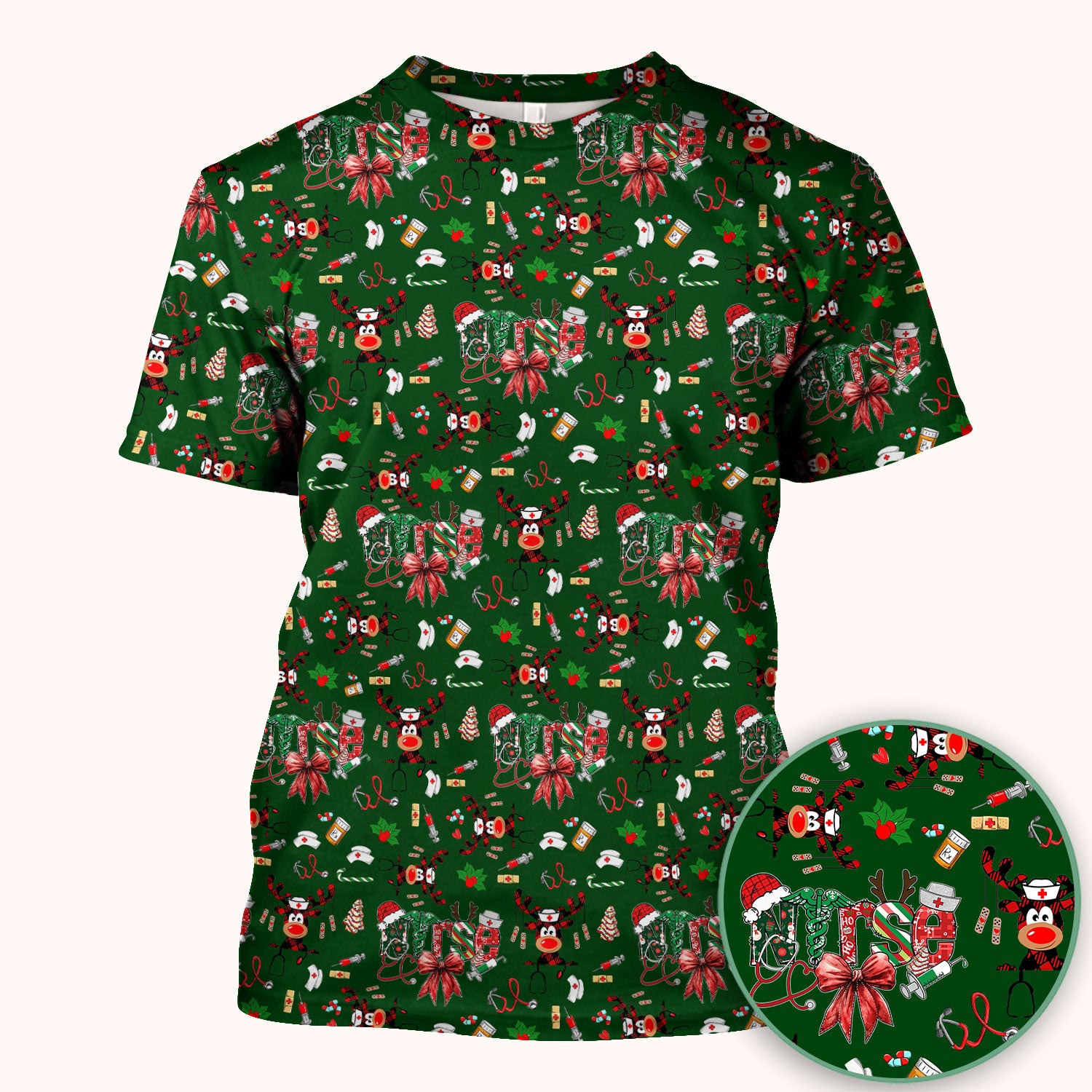 Whimsical Reindeer Christmas Scrub Top – Festive Holiday Reindeer Pattern – Cute Medical Uniform for Nurses, Vets and Healthcare Workers