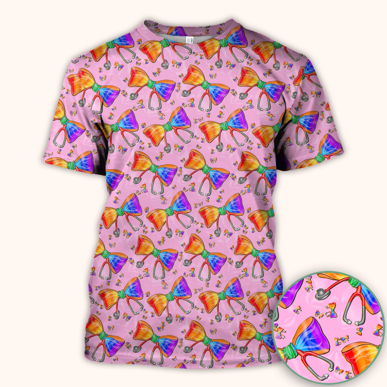 Colorful Rainbow Bow Stethoscope Pattern Scrub Top, Breathable Fabrics Nursing Uniform