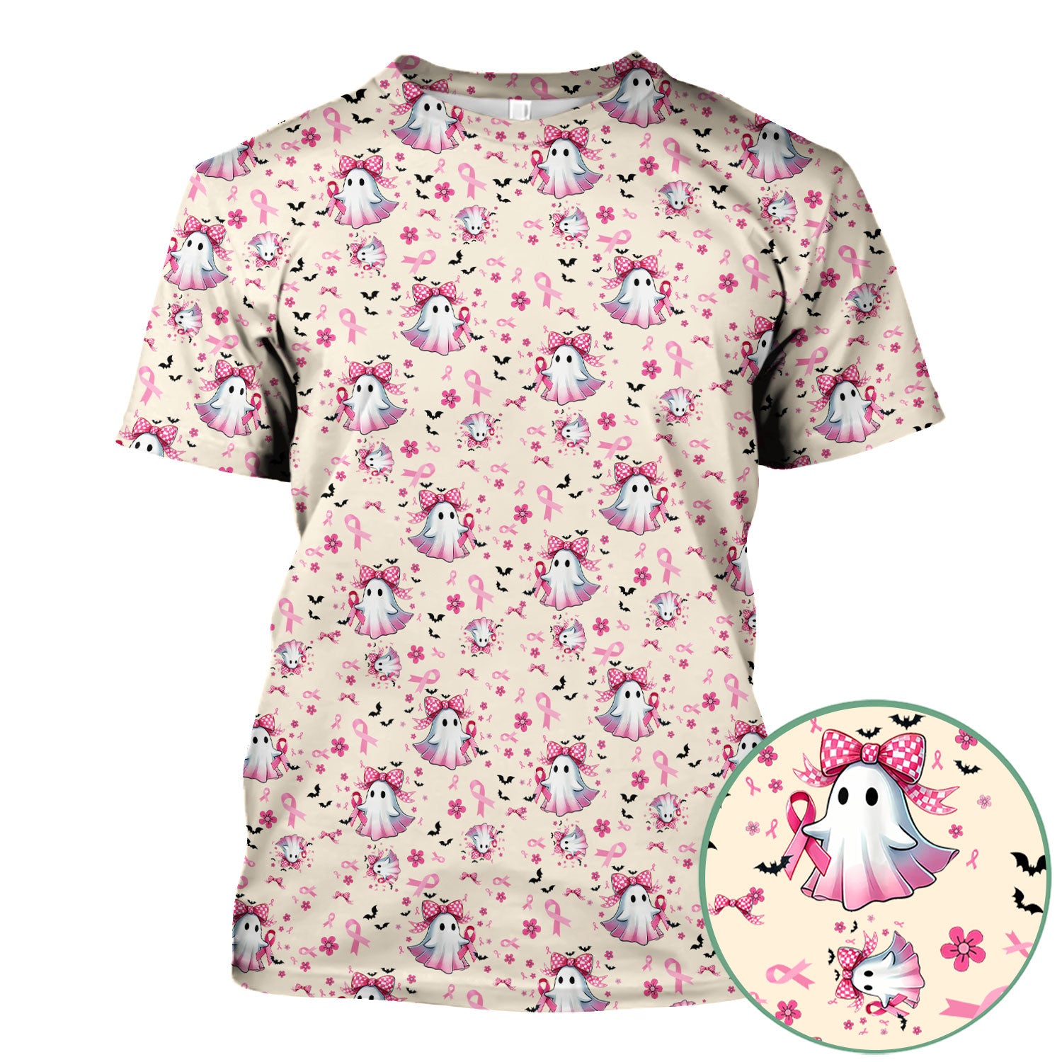 Breast Cancer Awareness Ghost Scrub Top for Women - Pink Ribbon Halloween Nurse Shirt - Cute Spooky Medical Uniform RN LPN CNA Gift
