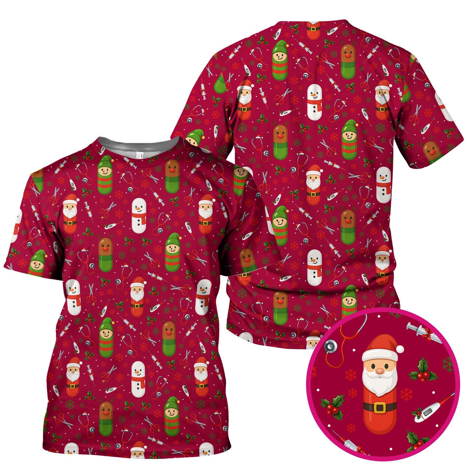 Santa Christmas Scrubs Set - Fun Holiday Pattern with Reindeer and Snowman - Cute Medical Scrub Top and Pants for Nurses