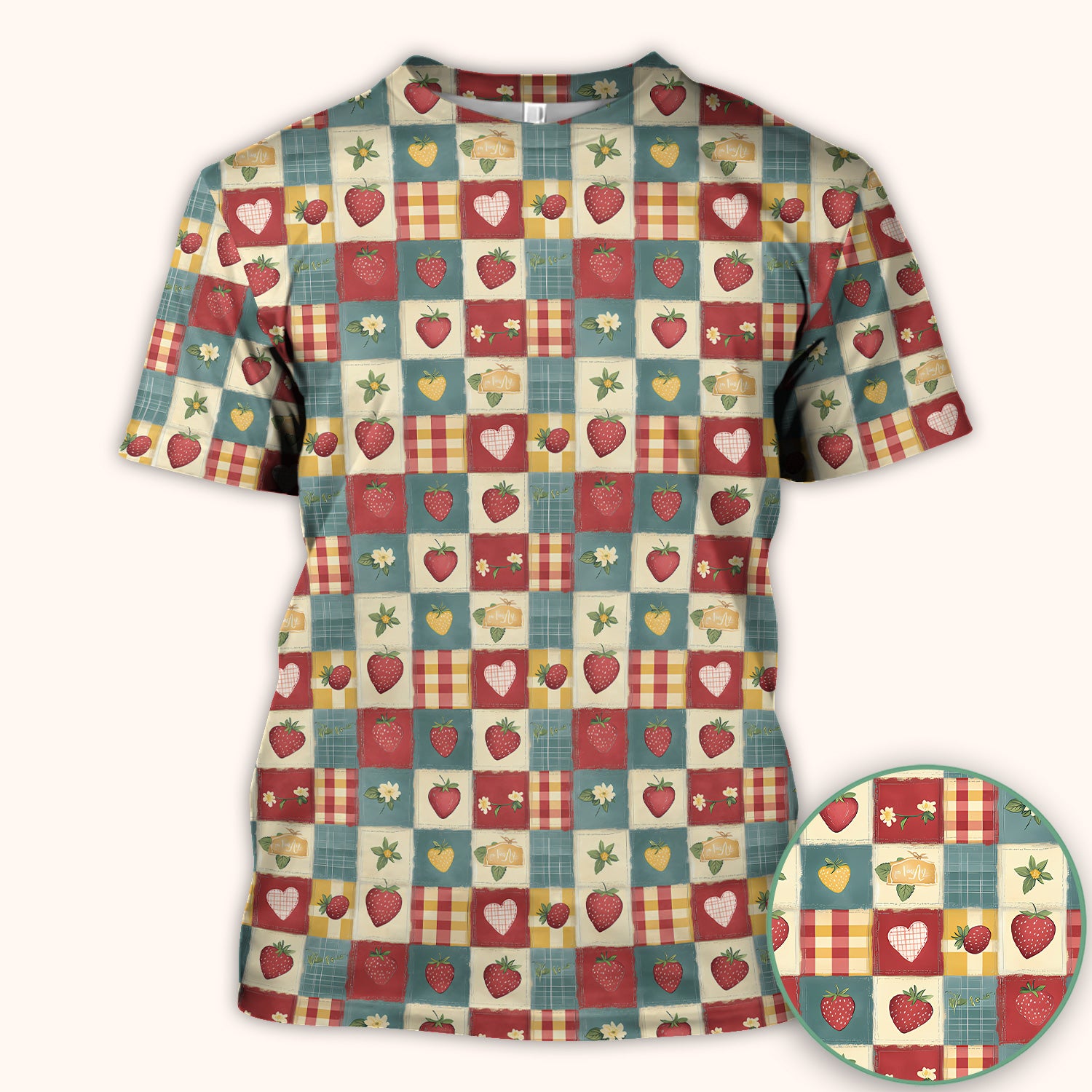 Cute Strawberry Floral Patchwork Pattern Scrubs Top, Comfortable Scrubs for Nurses