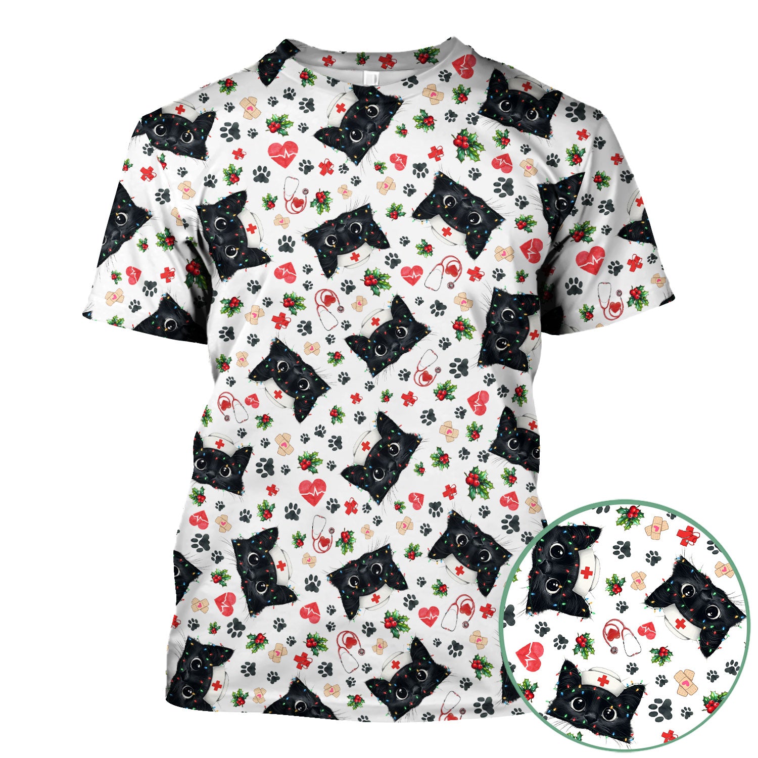 Funny Cats Scrub Top for Nurses - Black Kittens Christmas Medical Uniform - Jolly Holiday Gift for RN CNA LPN