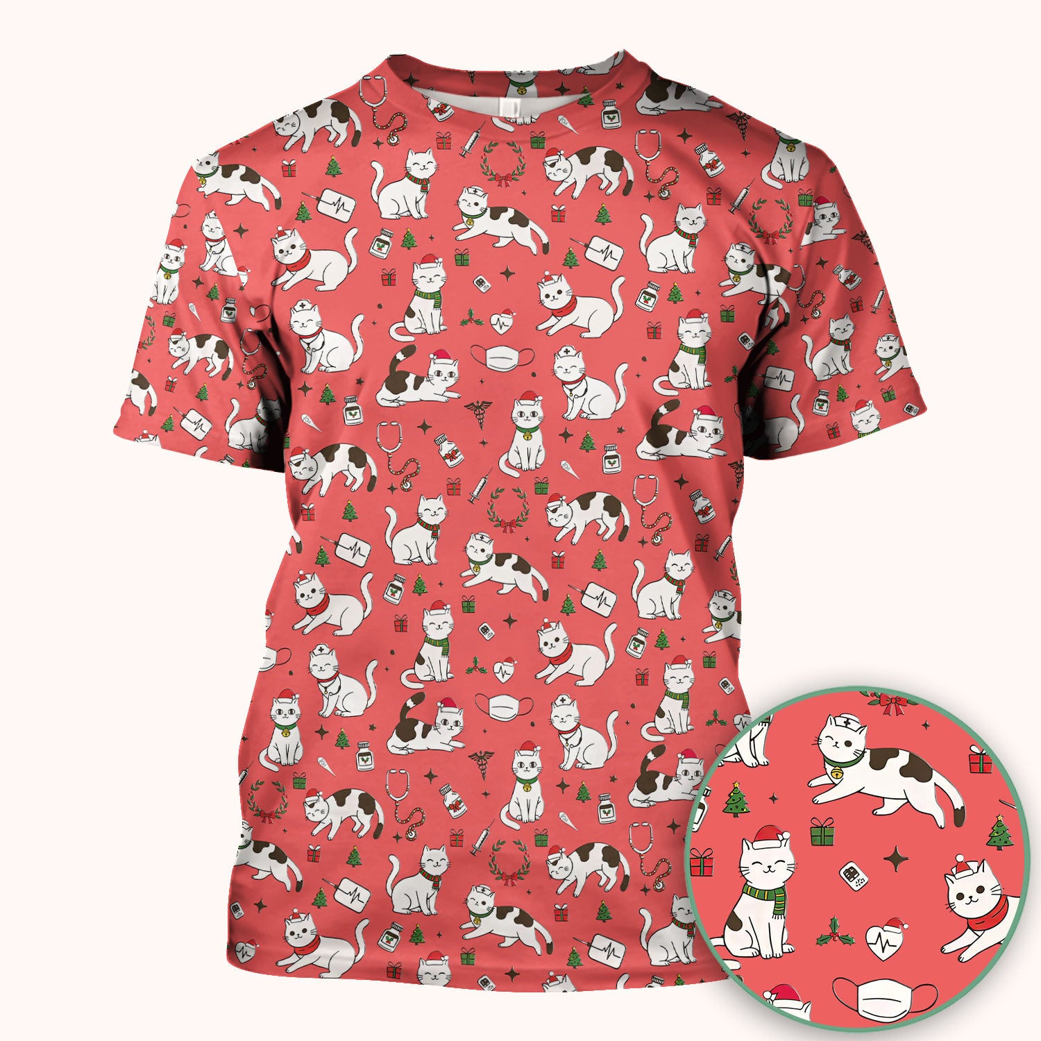 Christmas Cat Scrub Top – Festive Nurse & Holiday Kitty Pattern – Cute Medical Uniform for Nurses, Vets and Healthcare Workers