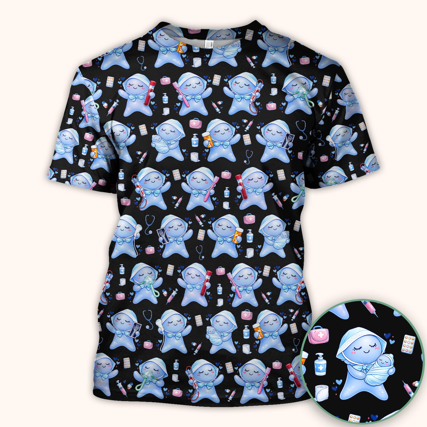 Cute Tooth Character Dental Tools Caring Pattern Scrub Top, Breathable Fabrics Nursing Uniform