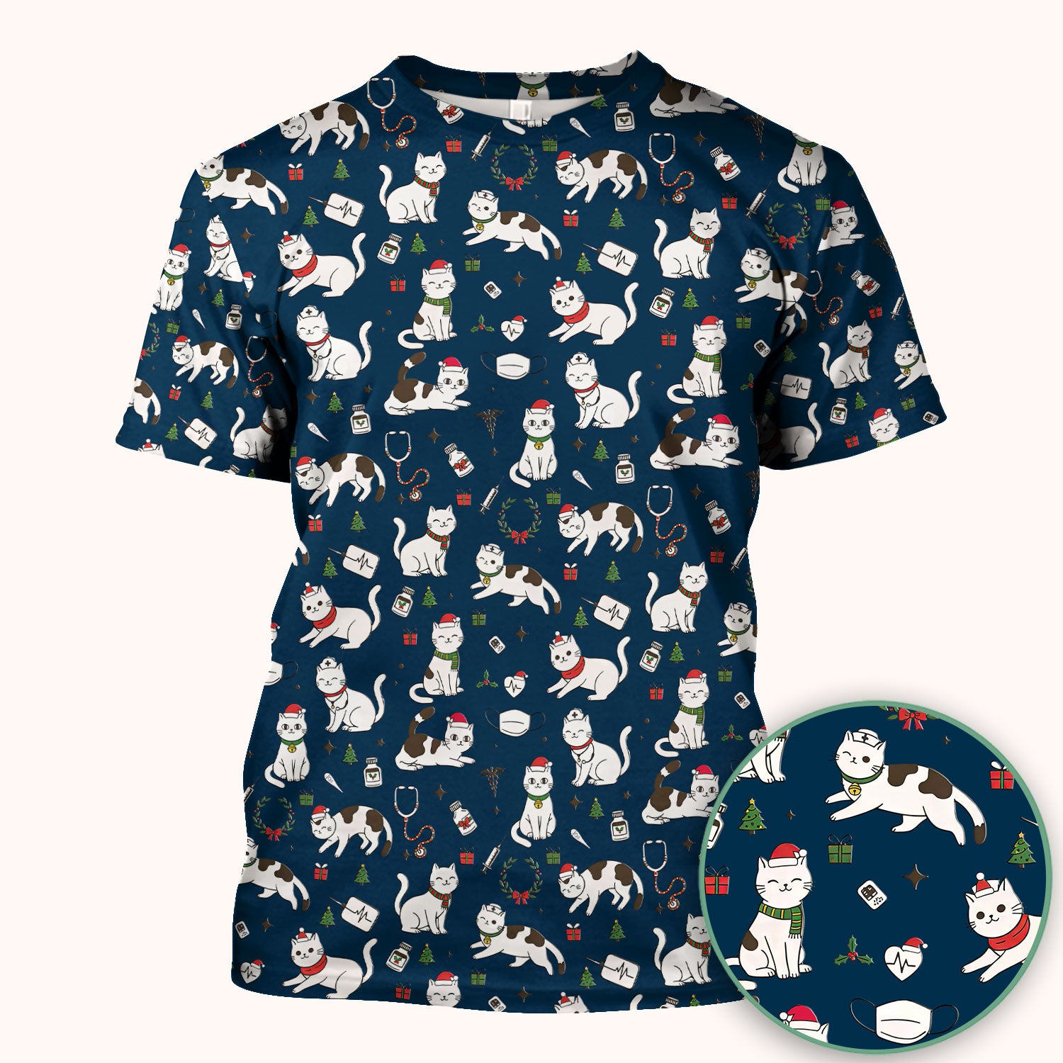 Christmas Cat Scrub Top – Festive Nurse & Holiday Kitty Pattern – Cute Medical Uniform for Nurses, Vets and Healthcare Workers