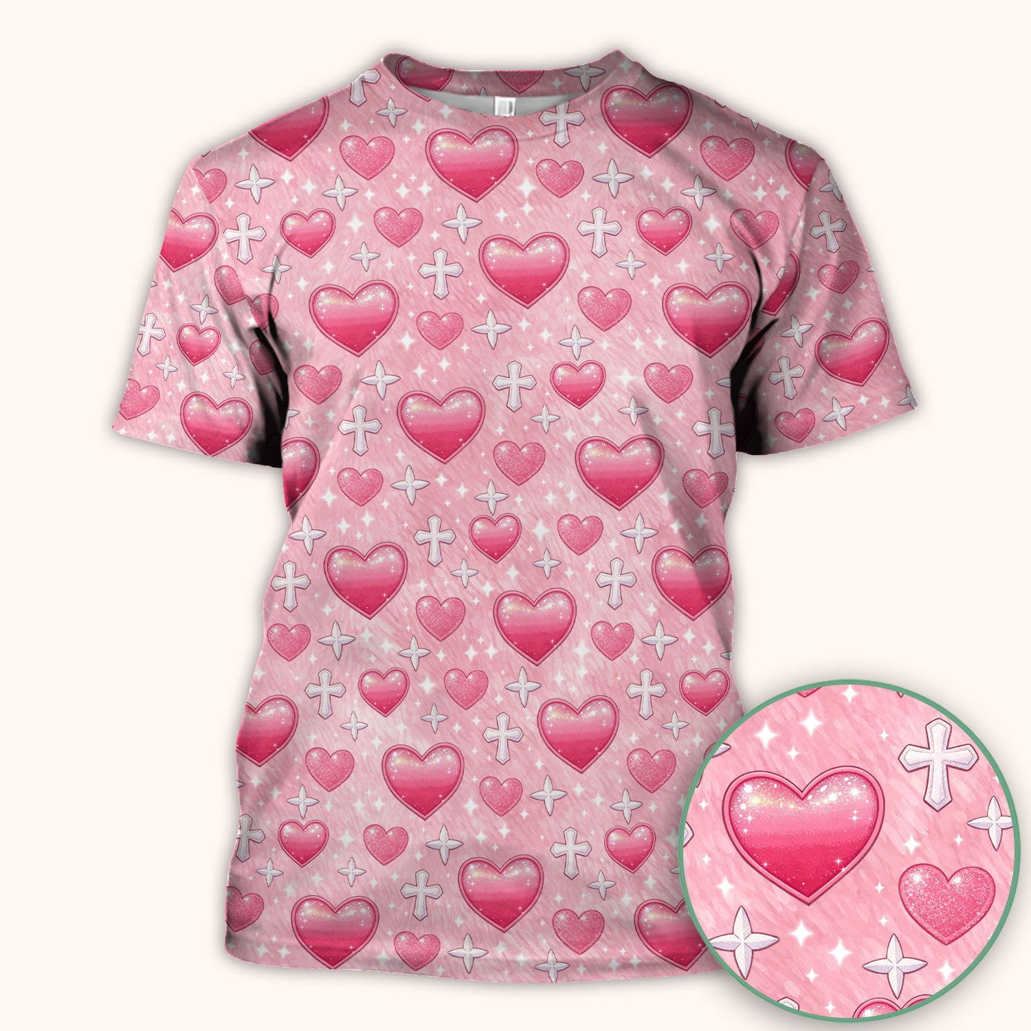 Pink Heart & Cross Pattern Scrub Top, Comfortable Scrubs for Nurses Uniform, Valentine's Day gift