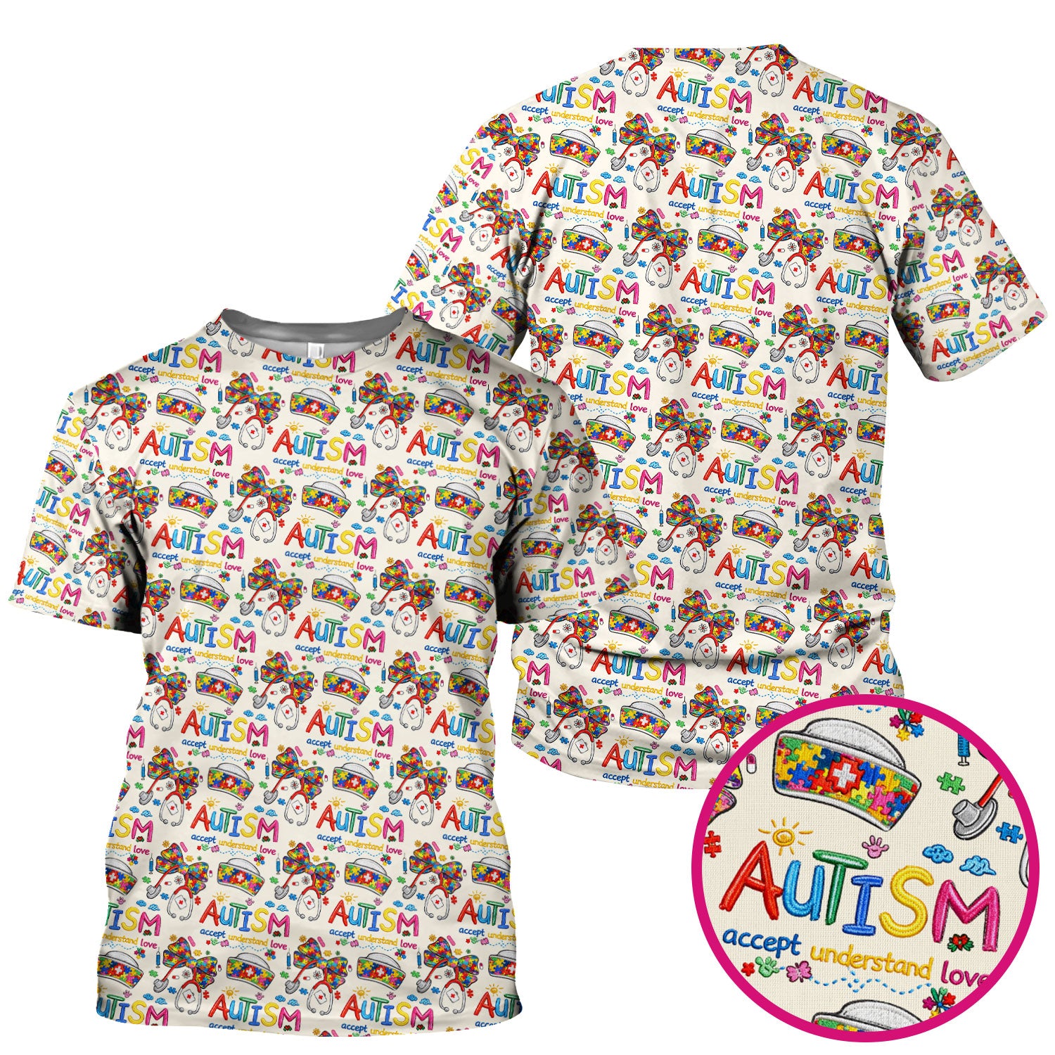 Autism Awareness Pattern Nurse Scrub Top, Accept Understand Love Puzzle Nurses Shirt, Breathable Fabrics Nursing Uniform
