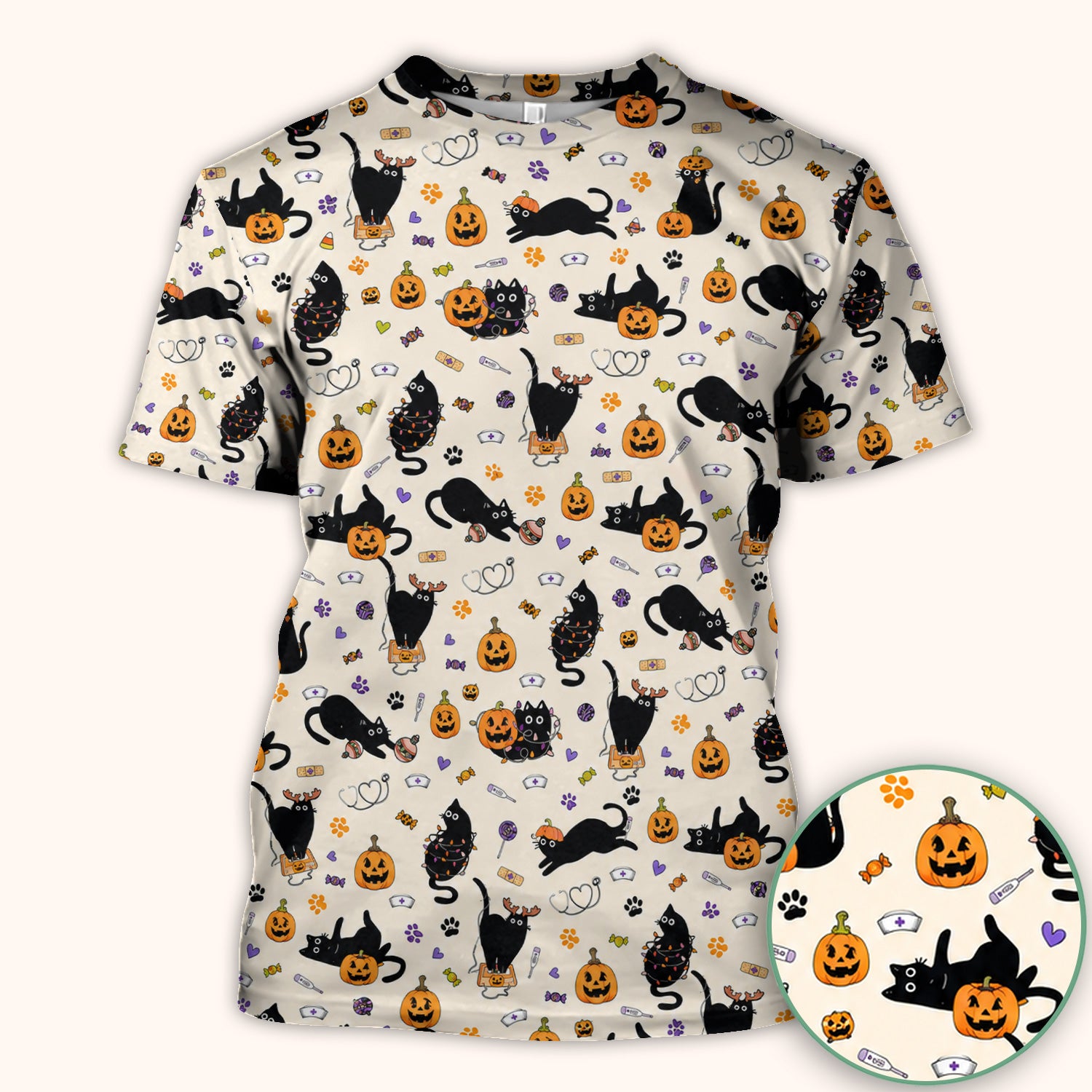 Pumpkin Black Cat Pattern Scrub Top, Comfortable Scrubs for Nurses