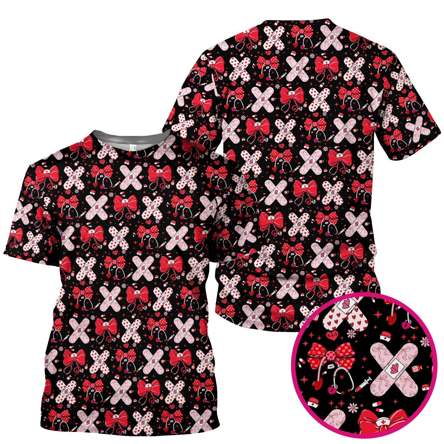 Valentine Nurse Scrub Top, Red Bow And Heart Bandage Pattern Medical Shirt, Breathable Fabrics Nursing Uniform