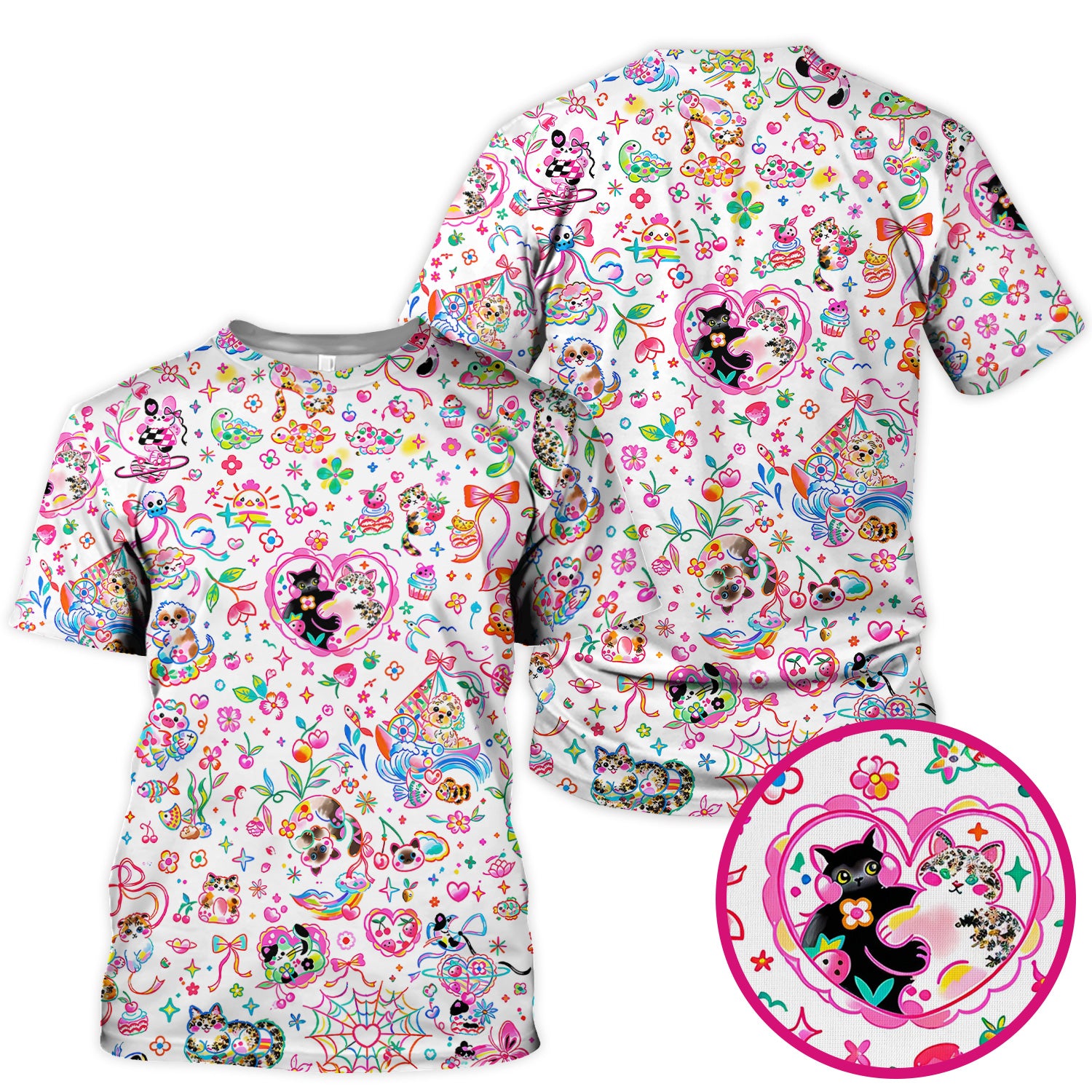 Colorful Kawaii Cat Heart Doodle Pattern Scrub Top, Comfortable Scrubs for Nurses