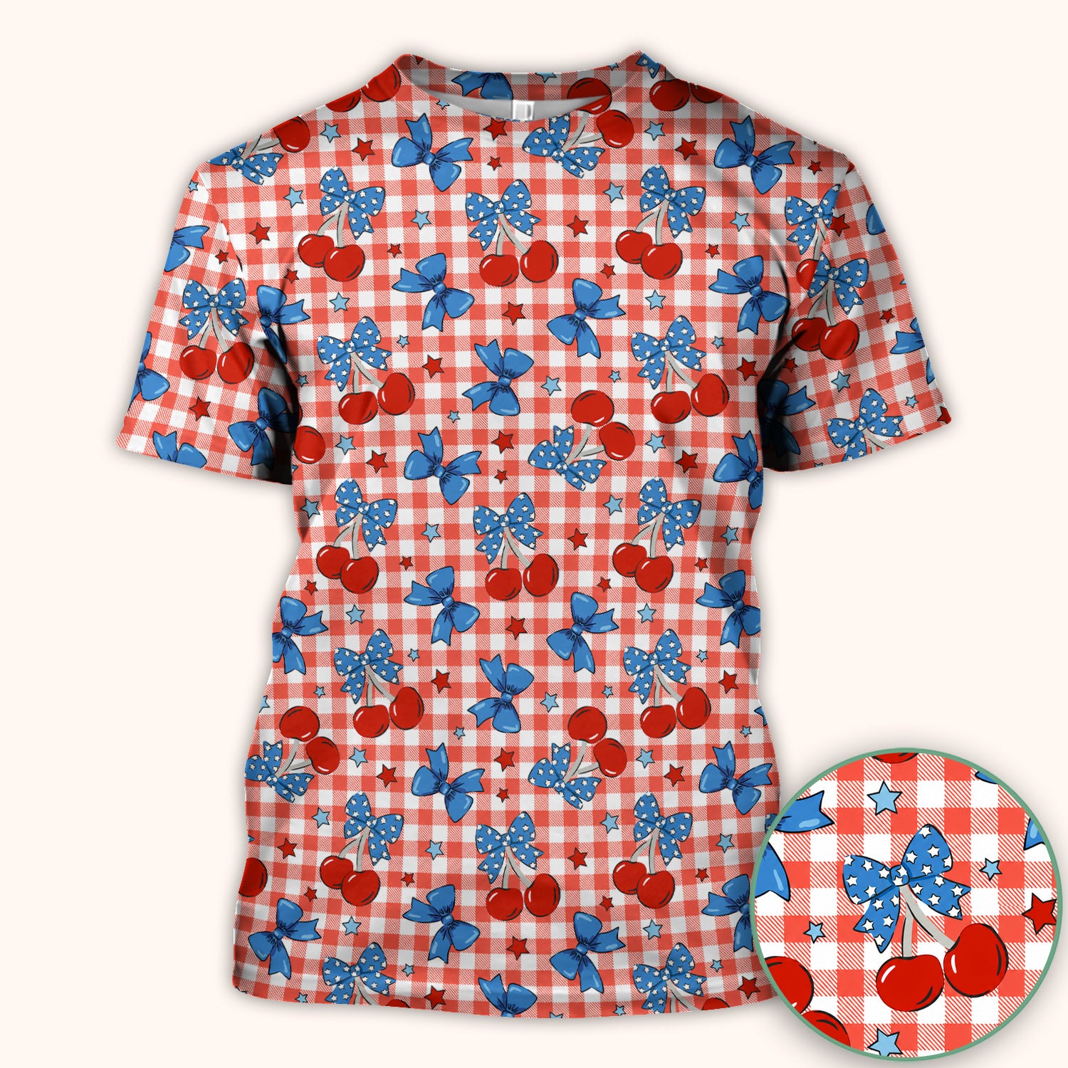 Cute Patriotic Cherry Bow Checkered Pattern Scrub Top, Comfortable Scrubs for Nurses