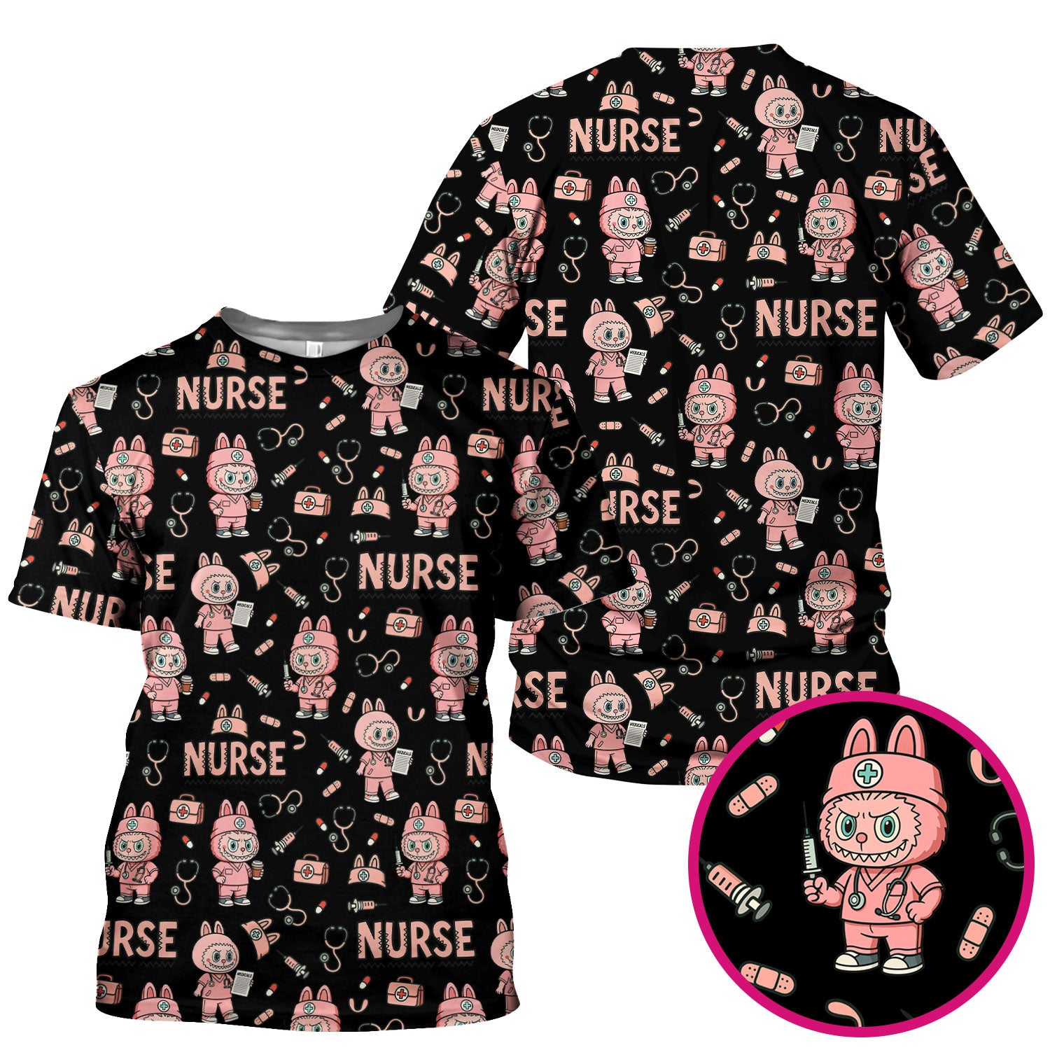 Bunny Cartoon Nurse Scrub Shirt  Cute Medical Top for Women CNA RN Doctor - Fun Scrubs Gift Idea for Nurses, Students, Holiday Season
