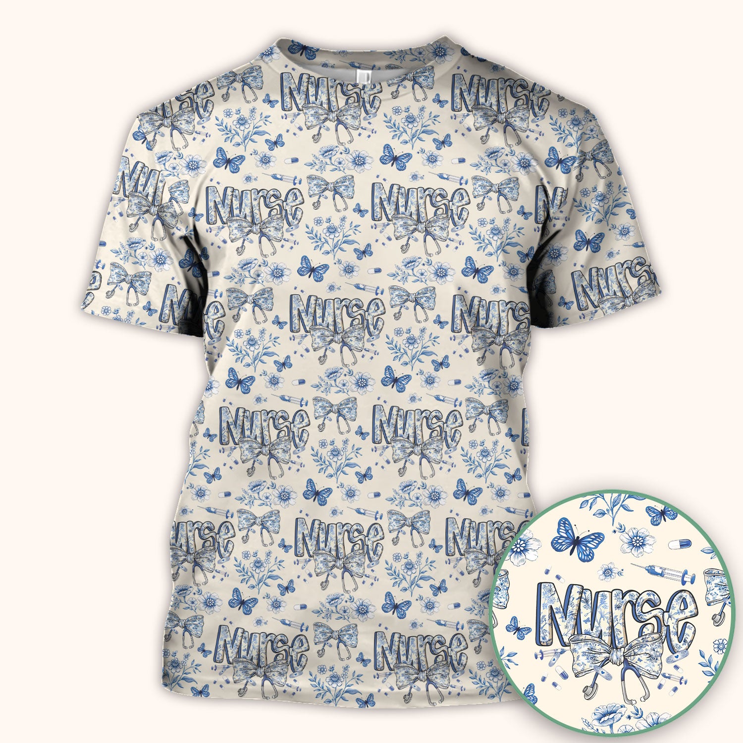 Blue Nurse Letter Bow Butterfly Floral Print Scrub Top, Comfortable Scrubs for Nurses