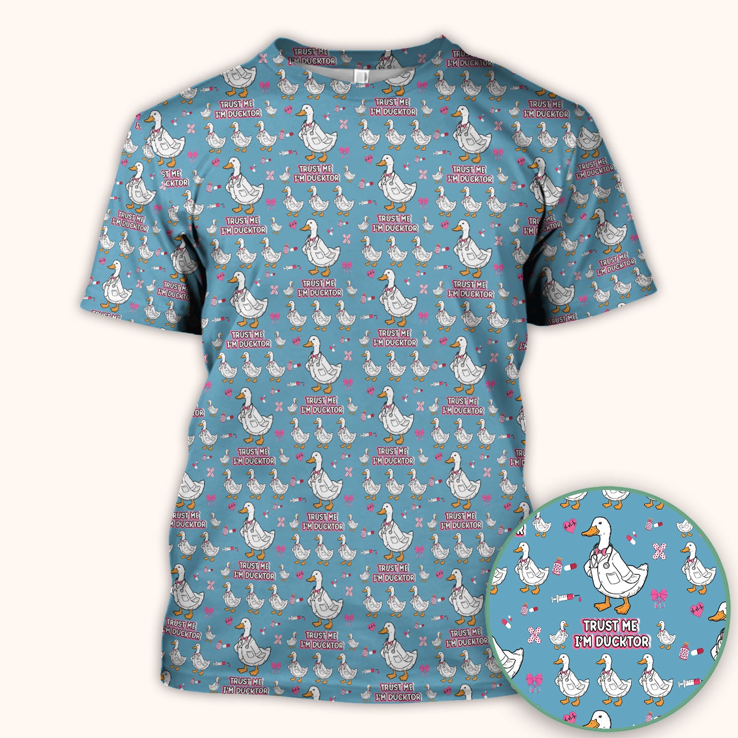 Trust Me I'm Ducktor Scrub Top, Funny Duck Pattern Scrub Shirt, Breathable Fabrics Nursing Uniform For Women