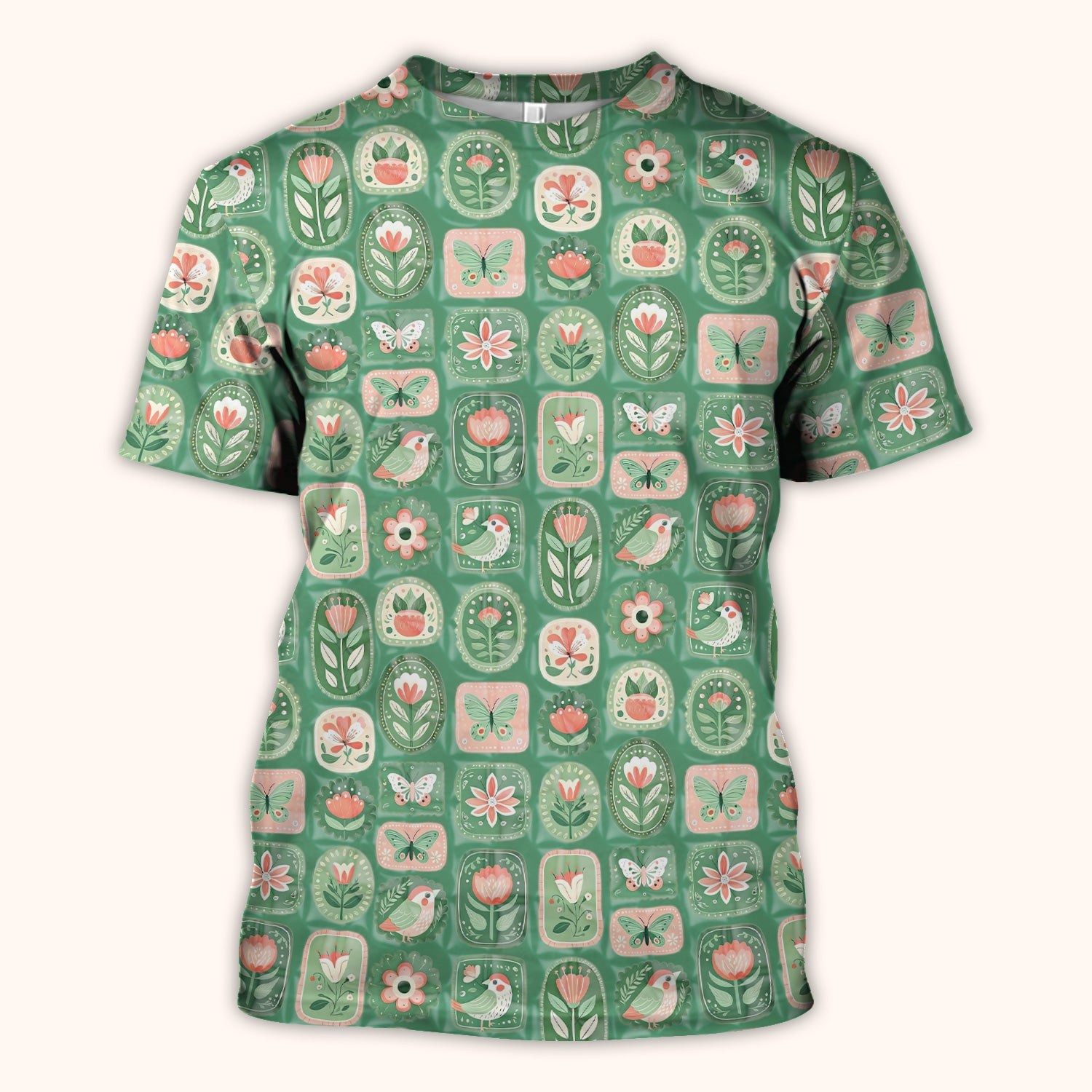 Folk Art Floral Bird Butterfly Garden Pattern Scrub Top, Comfortable Scrubs for Nurses