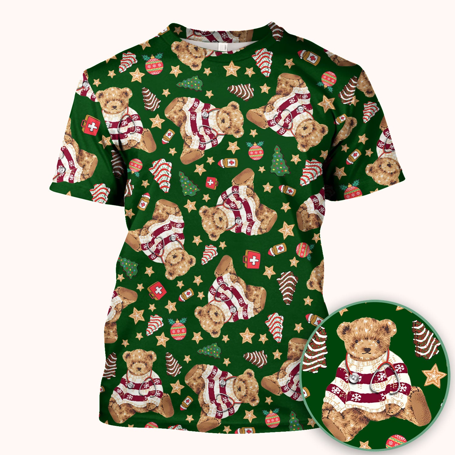 Teddy Bear Christmas Scrub Top - Cute Holiday Medical Pattern with Warm Sweater Bear - Gift for Nurses RN CNA LPN