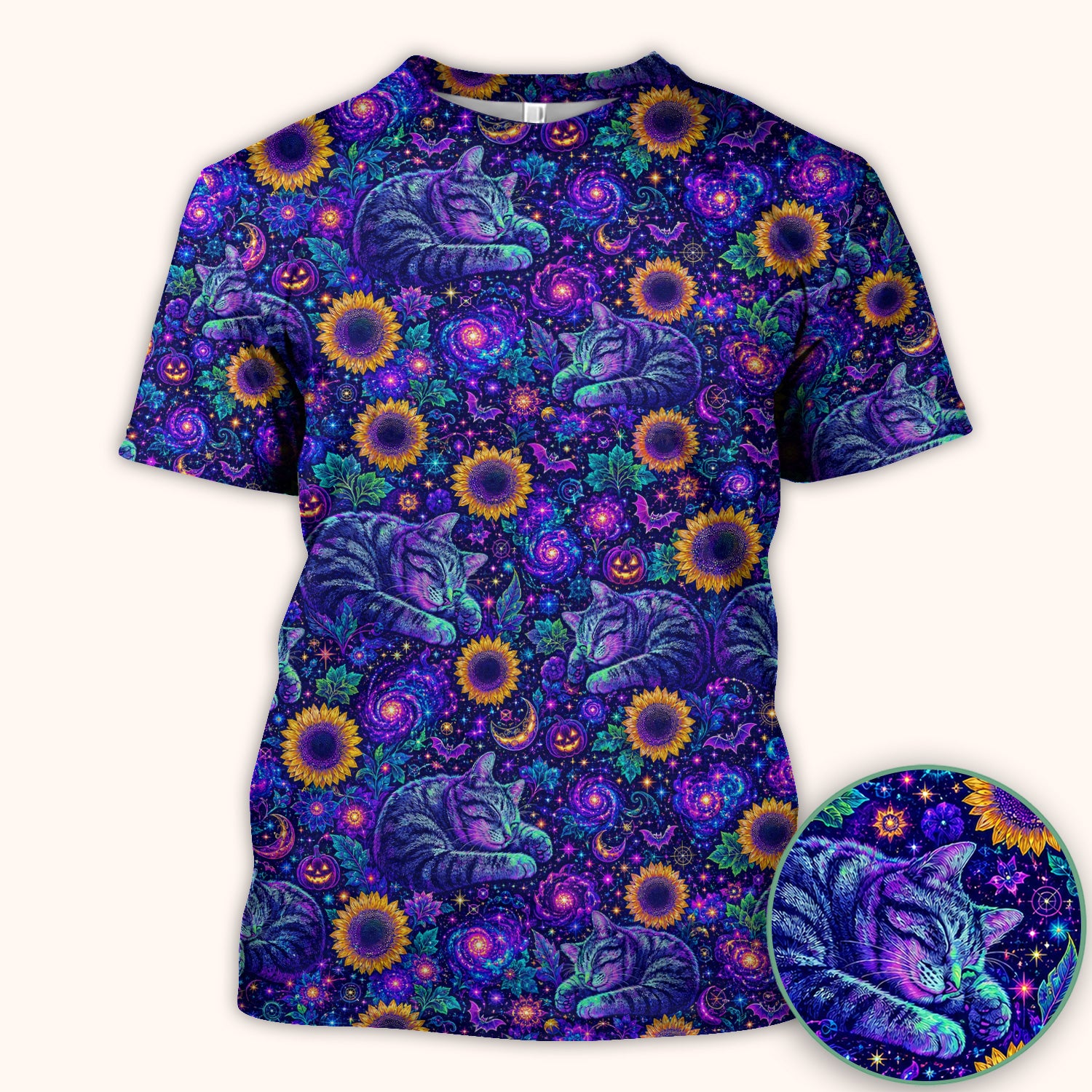 Spooky Galaxy Cat And Sunflowers Scrub Top, Comfortable Scrubs for Nurses