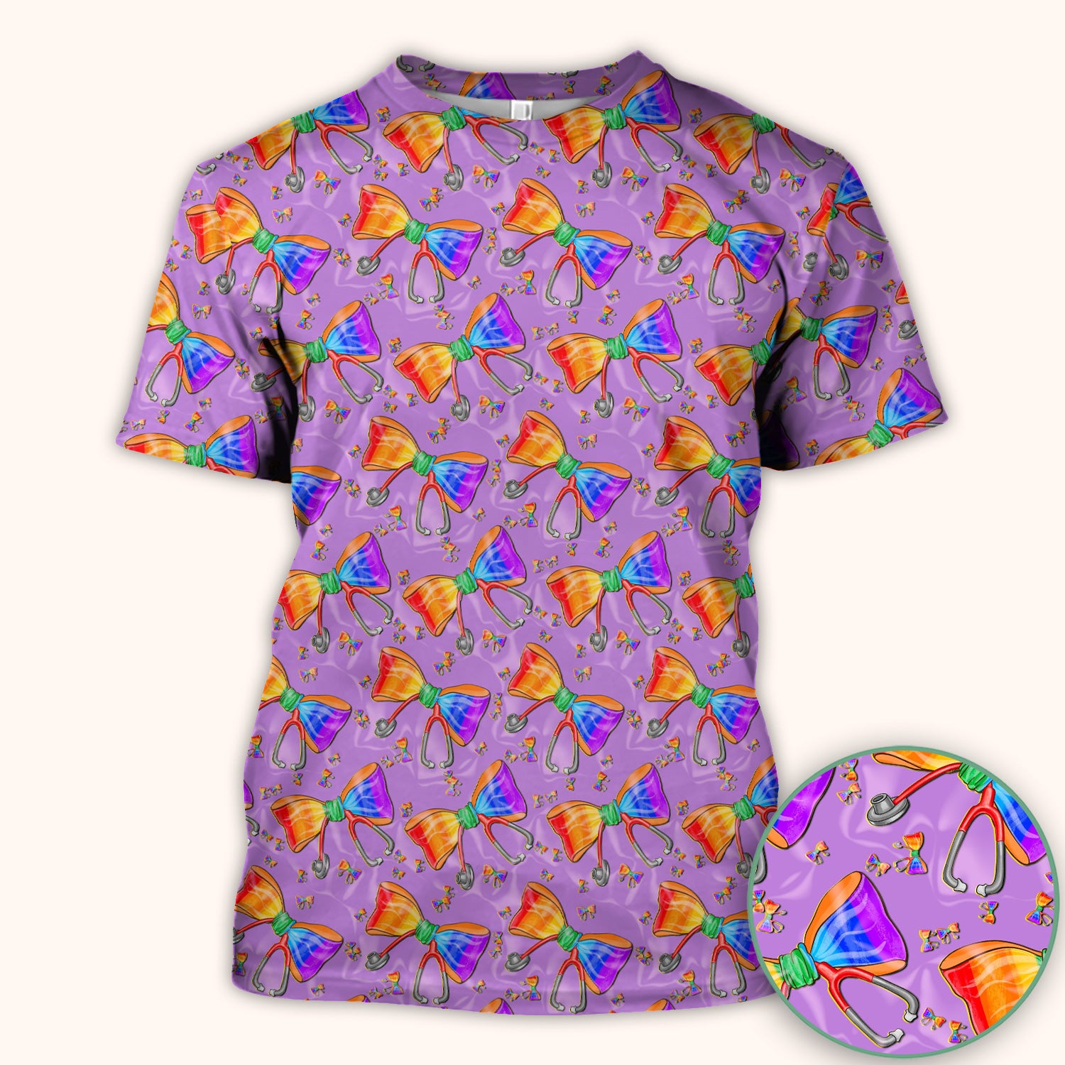 Colorful Rainbow Bow Stethoscope Pattern Scrub Top, Breathable Fabrics Nursing Uniform
