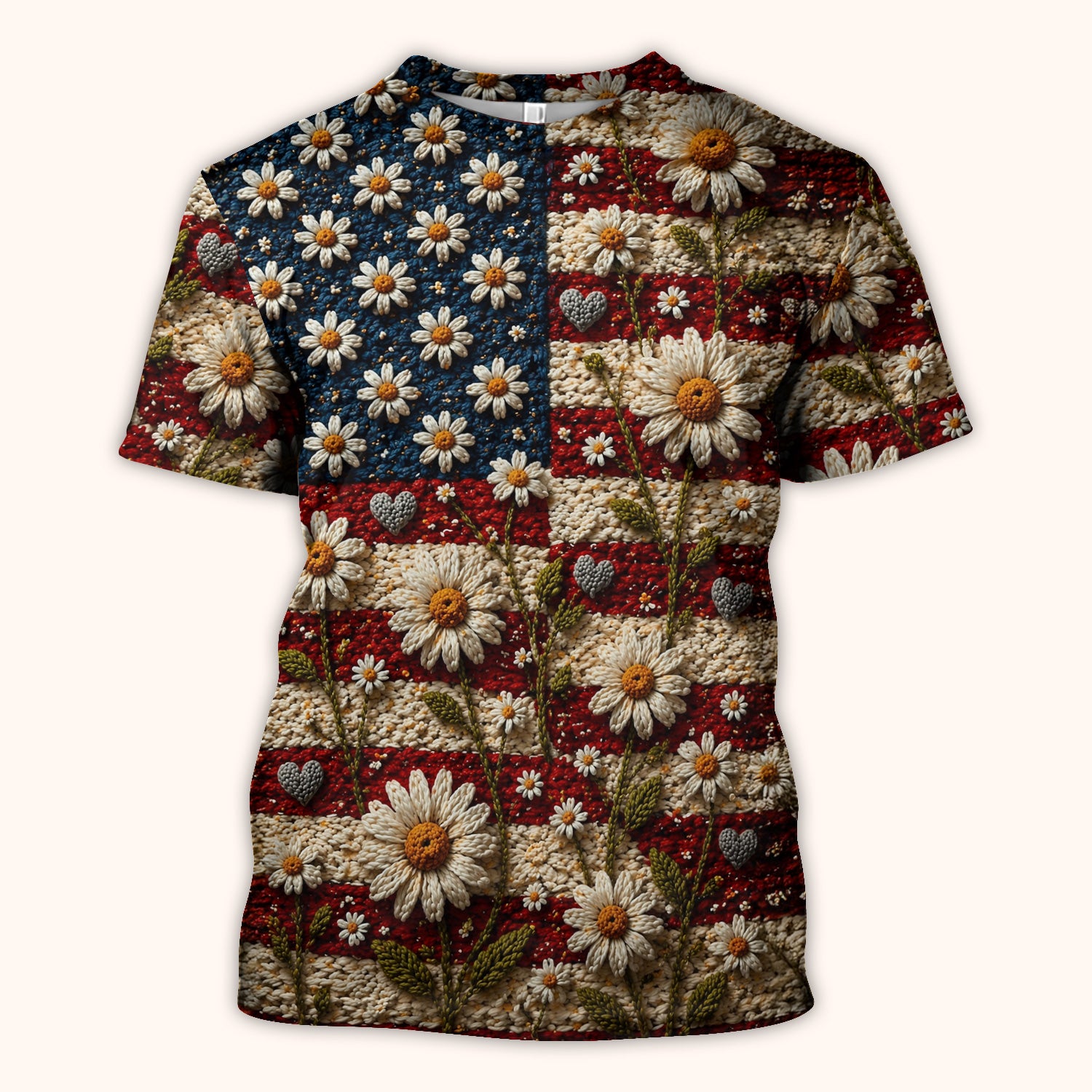 American Flag Daisy Floral Knit Texture Pattern Scrub Top, Breathable Fabrics Nursing Uniform